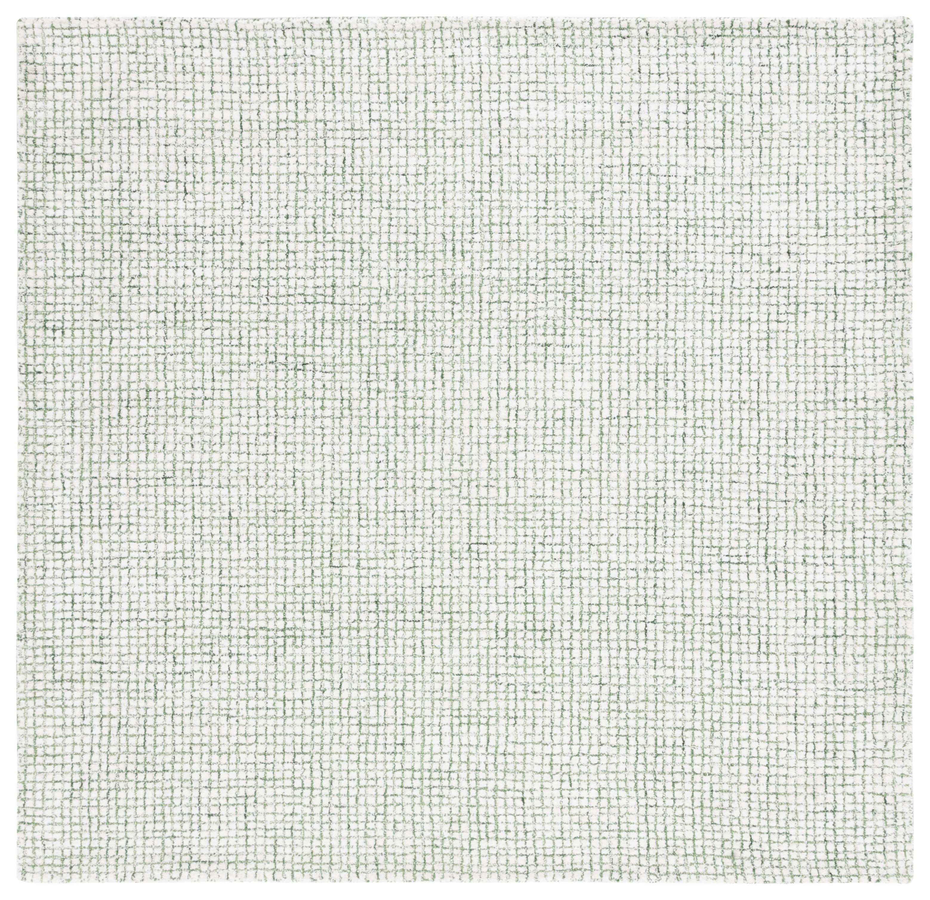 Ivory and Green Abstract Tufted Wool Square Rug, 4' x 4'