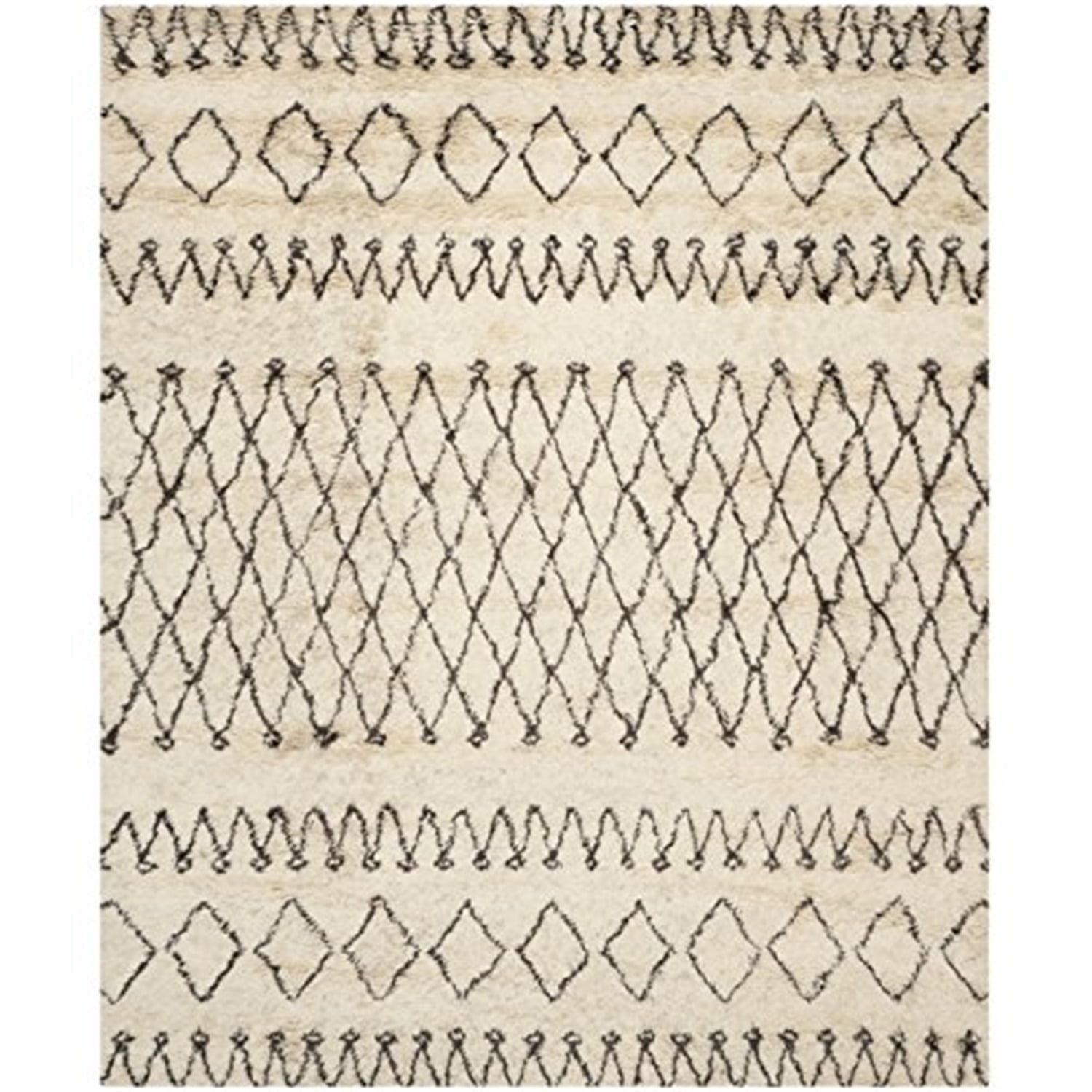 Ivory and Dark Brown Hand-Tufted Wool Shag Rug 5' x 8'