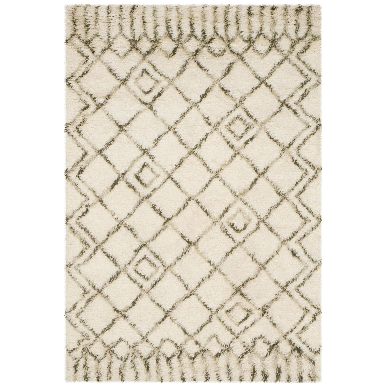 Ivory & Green Hand-Tufted Shag Wool Rug 4' x 6'