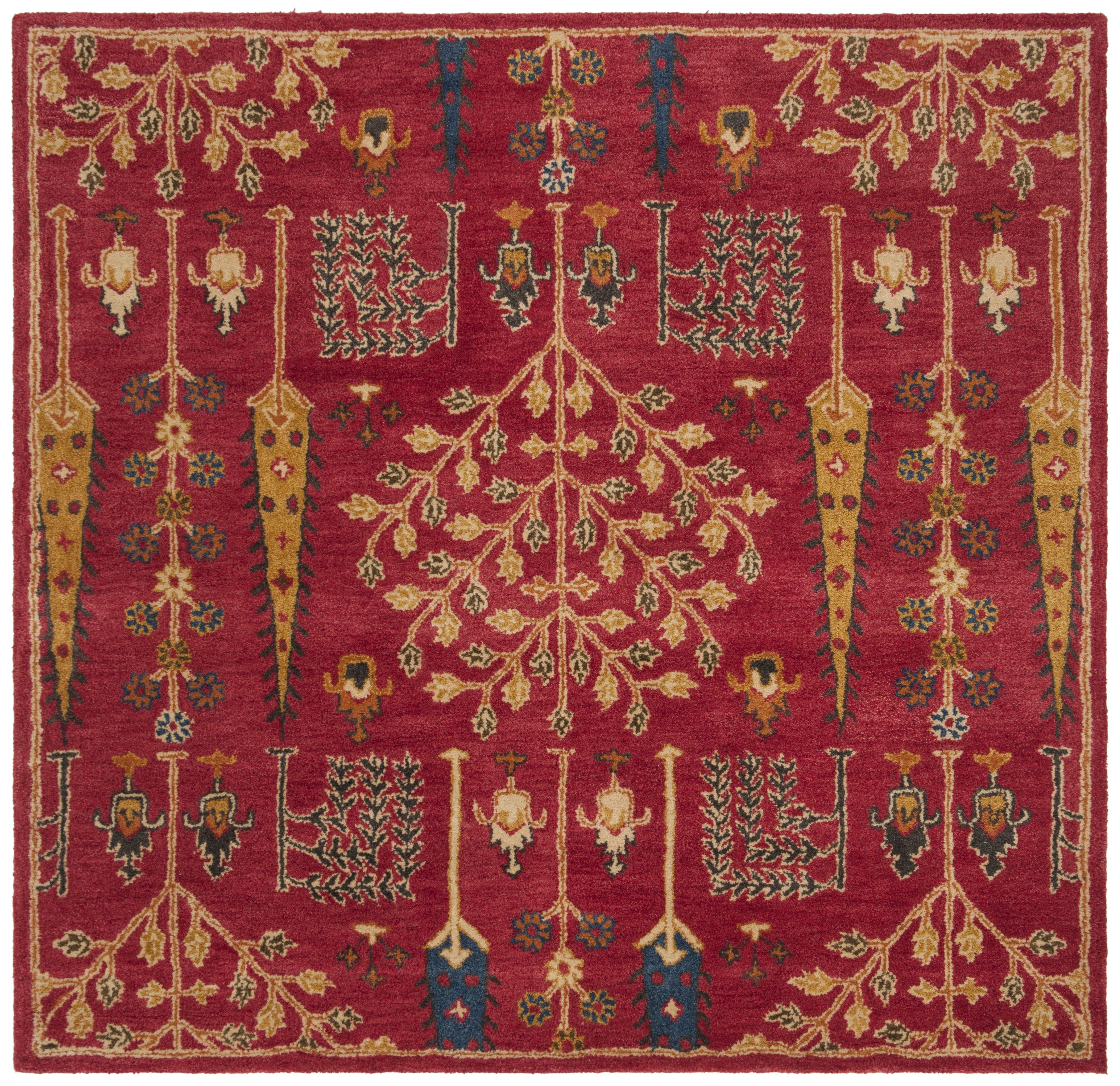 Red Handmade Wool Square Tufted Area Rug, 4' x 4'
