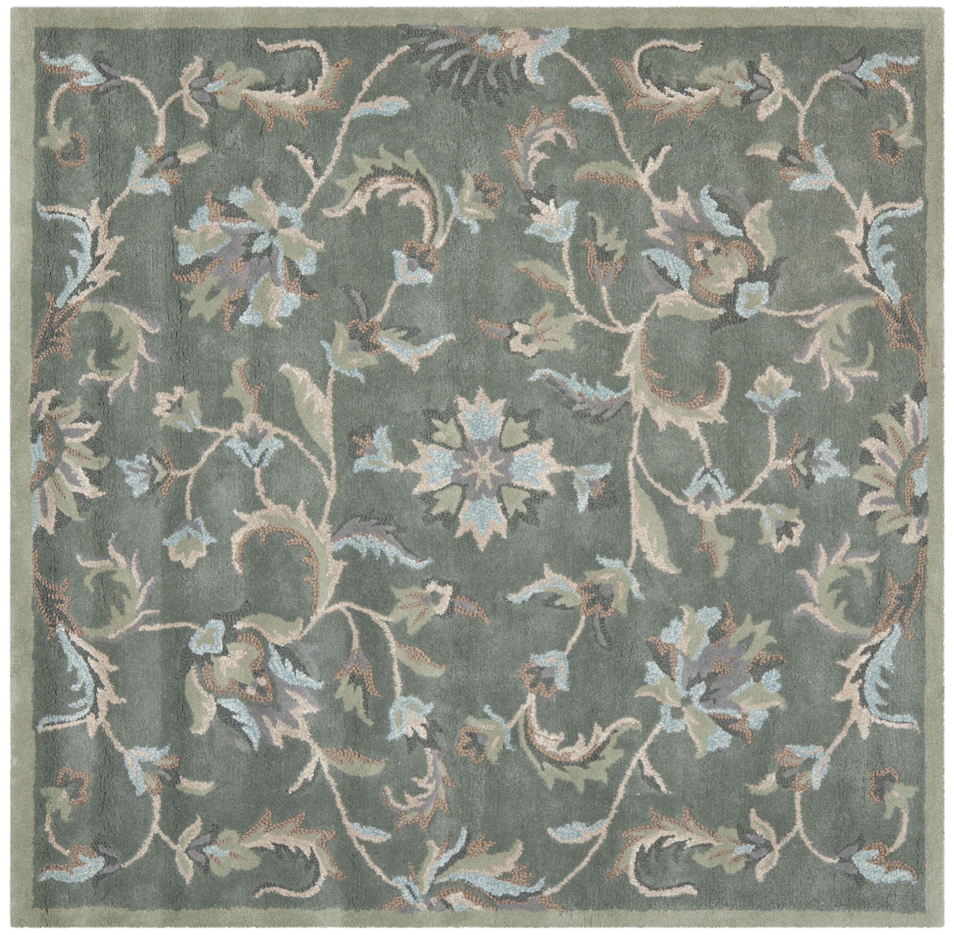 Gray Floral Hand-Tufted Wool Square Area Rug, 4' x 4'