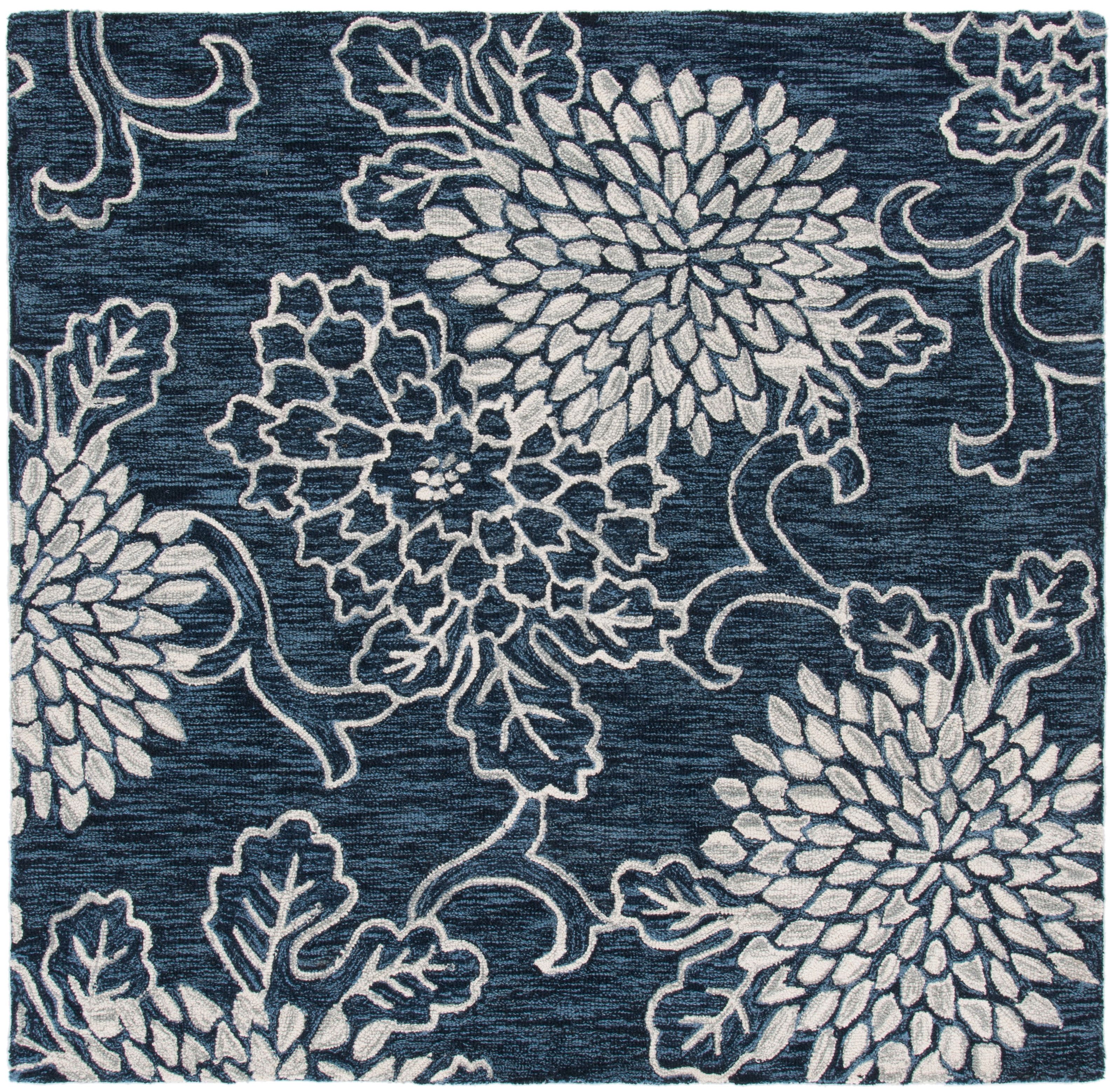 Ivory and Navy Floral Hand-Tufted Wool Square Rug