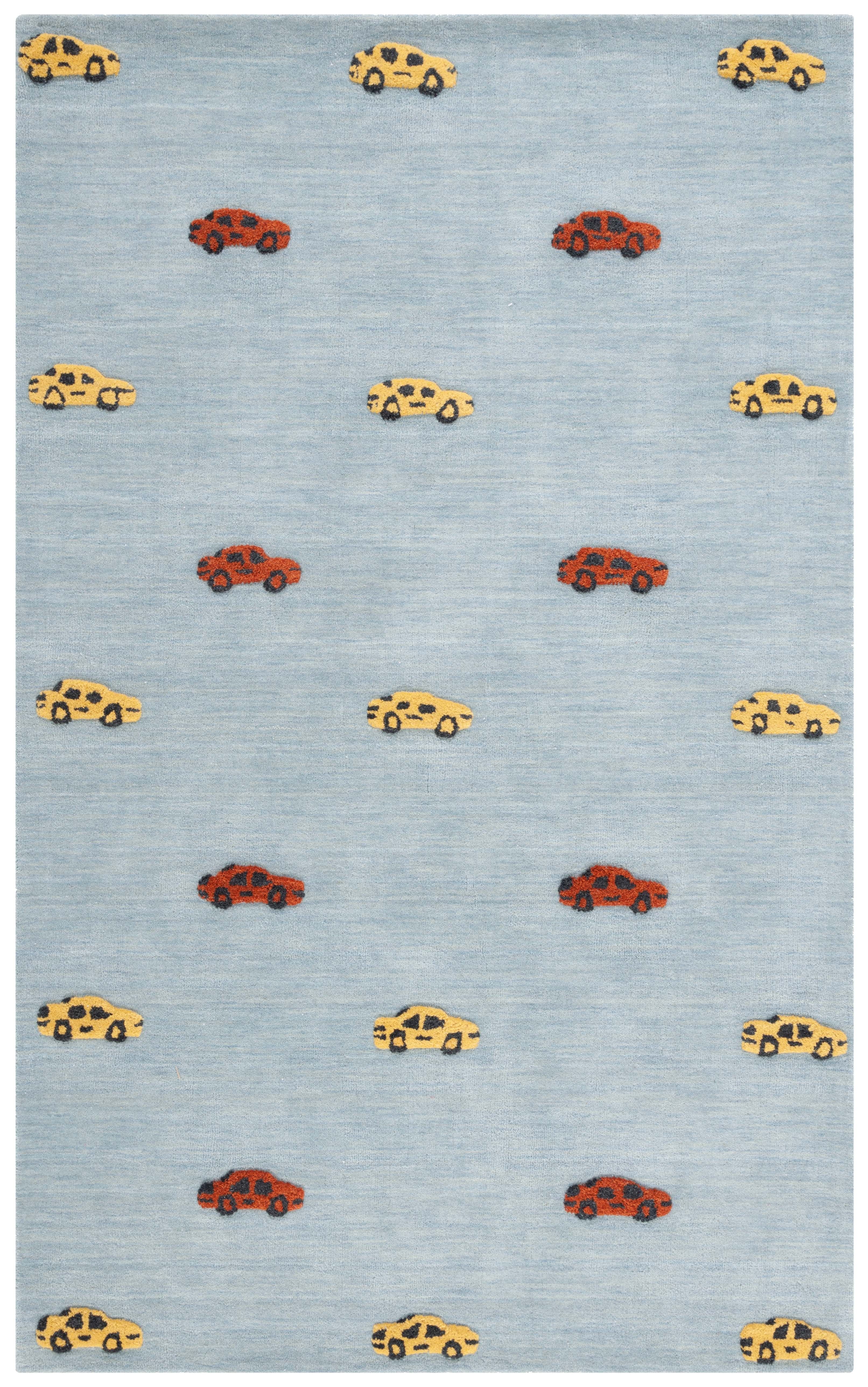 Light Blue Hand-Tufted Wool Kids' Round Rug with Car Motif