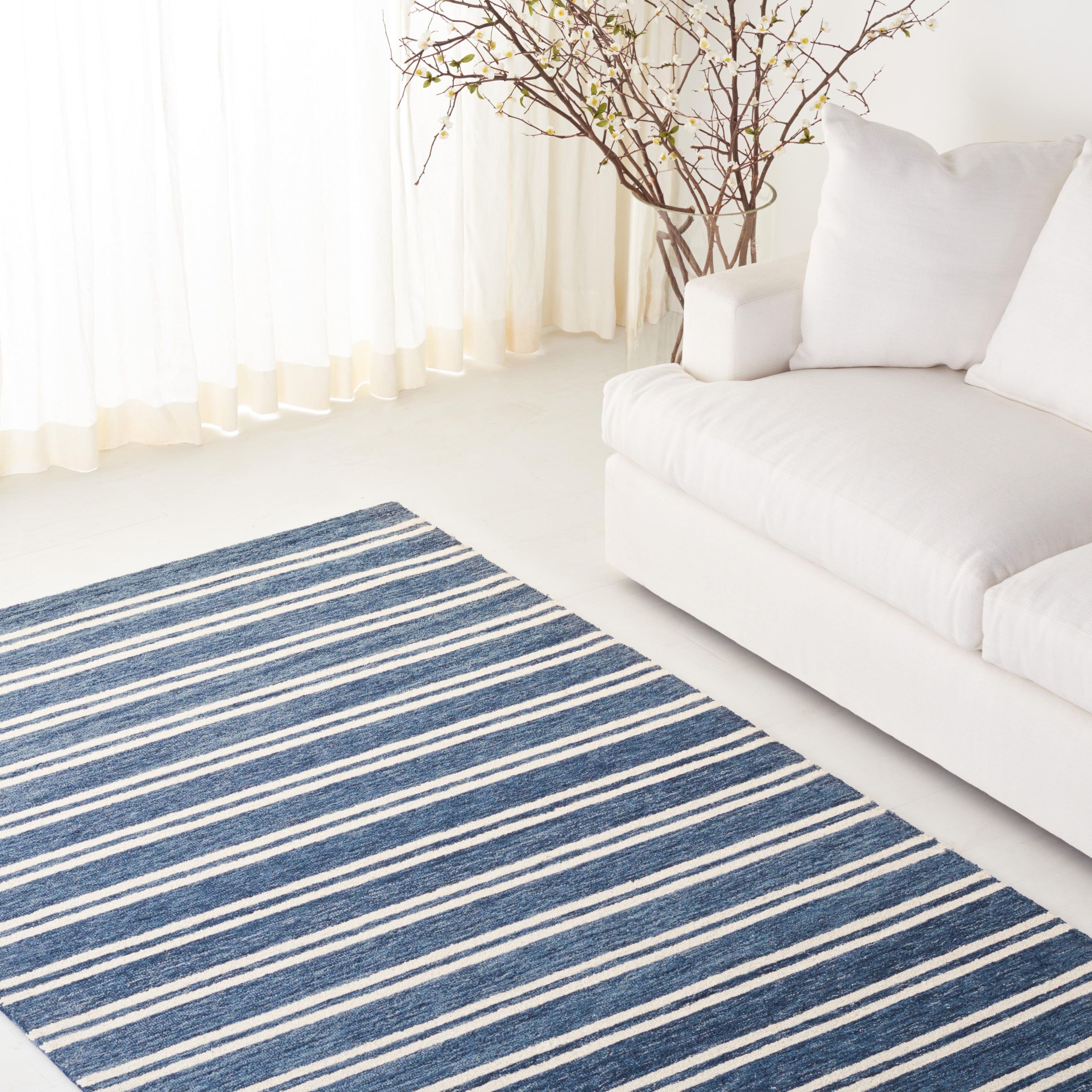 Handmade Blue and Ivory Wool Stripe Area Rug 3' x 5'