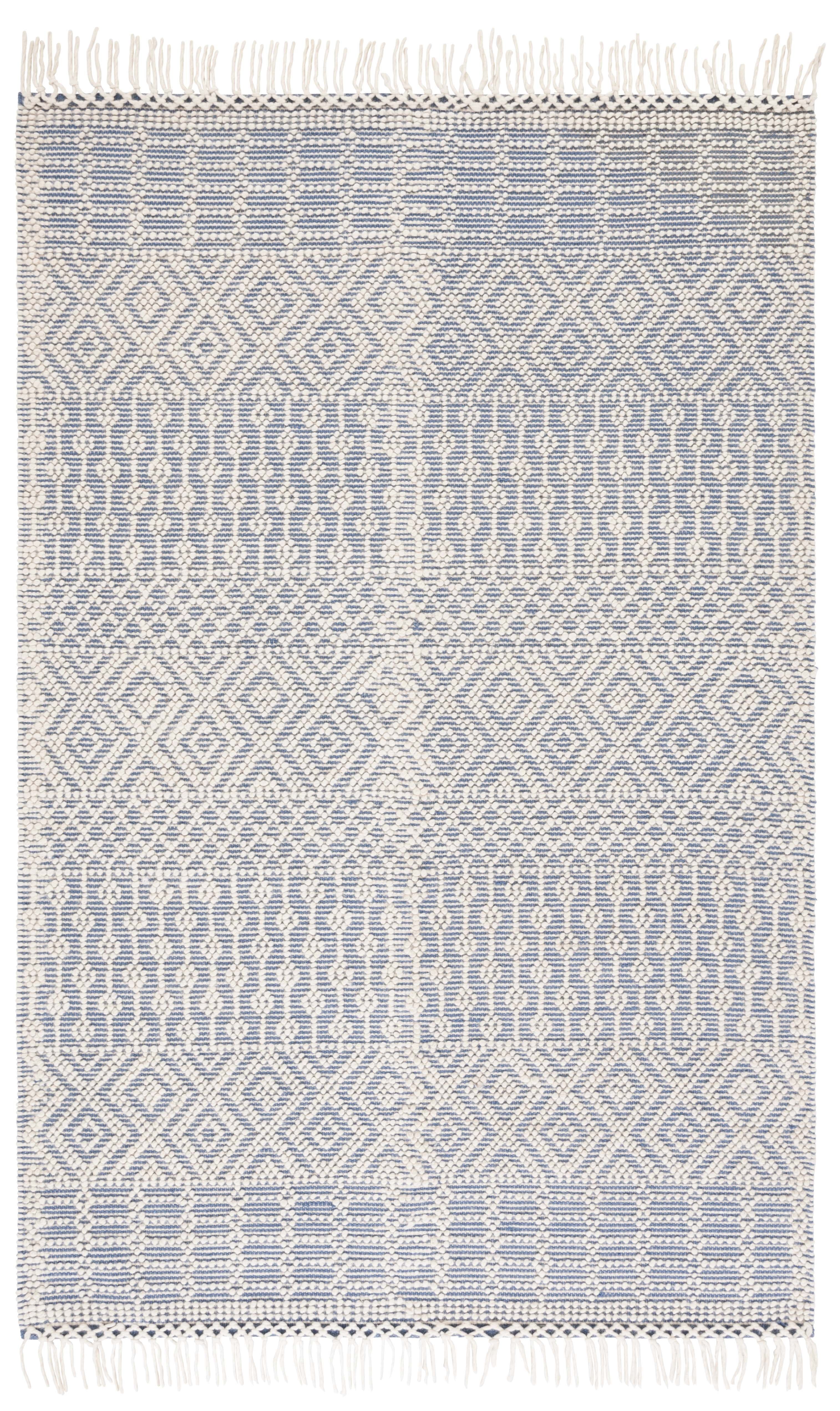 Ivory and Blue Handwoven Wool Rectangular Area Rug, 3' x 5'