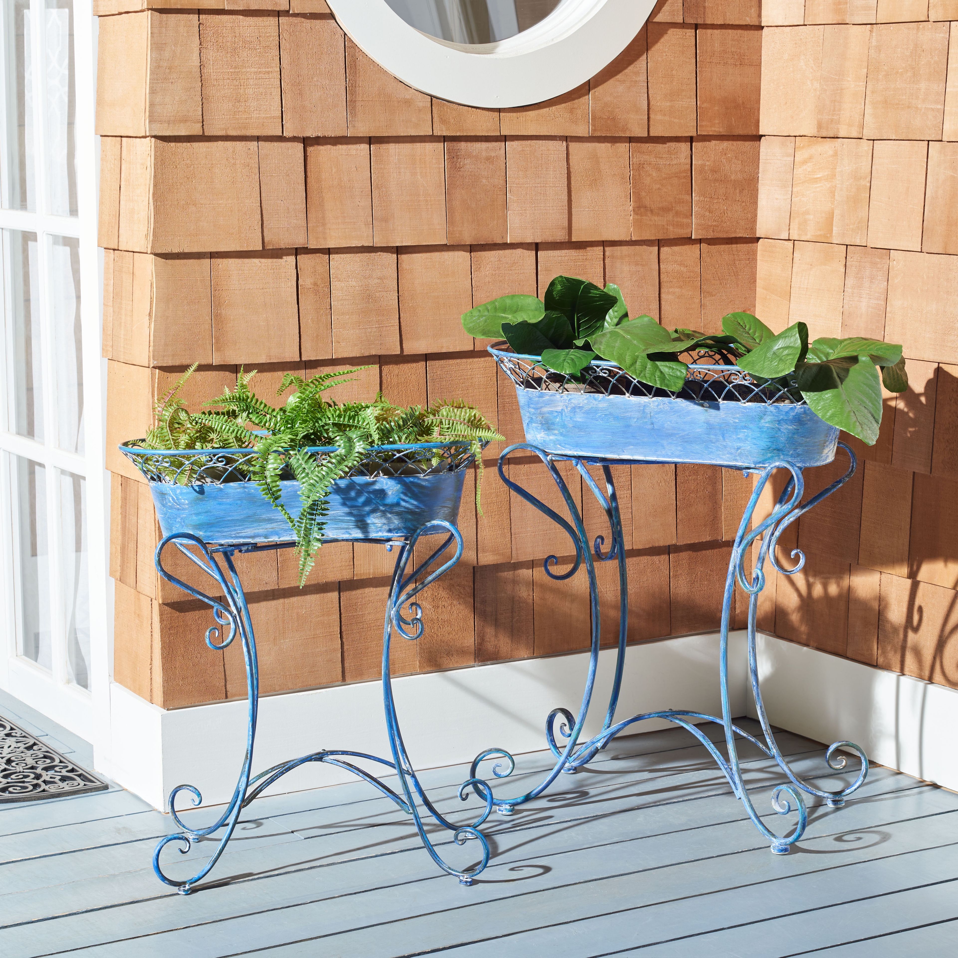 Provencal Rustic Antique Blue Iron Outdoor Planters, Set of 2