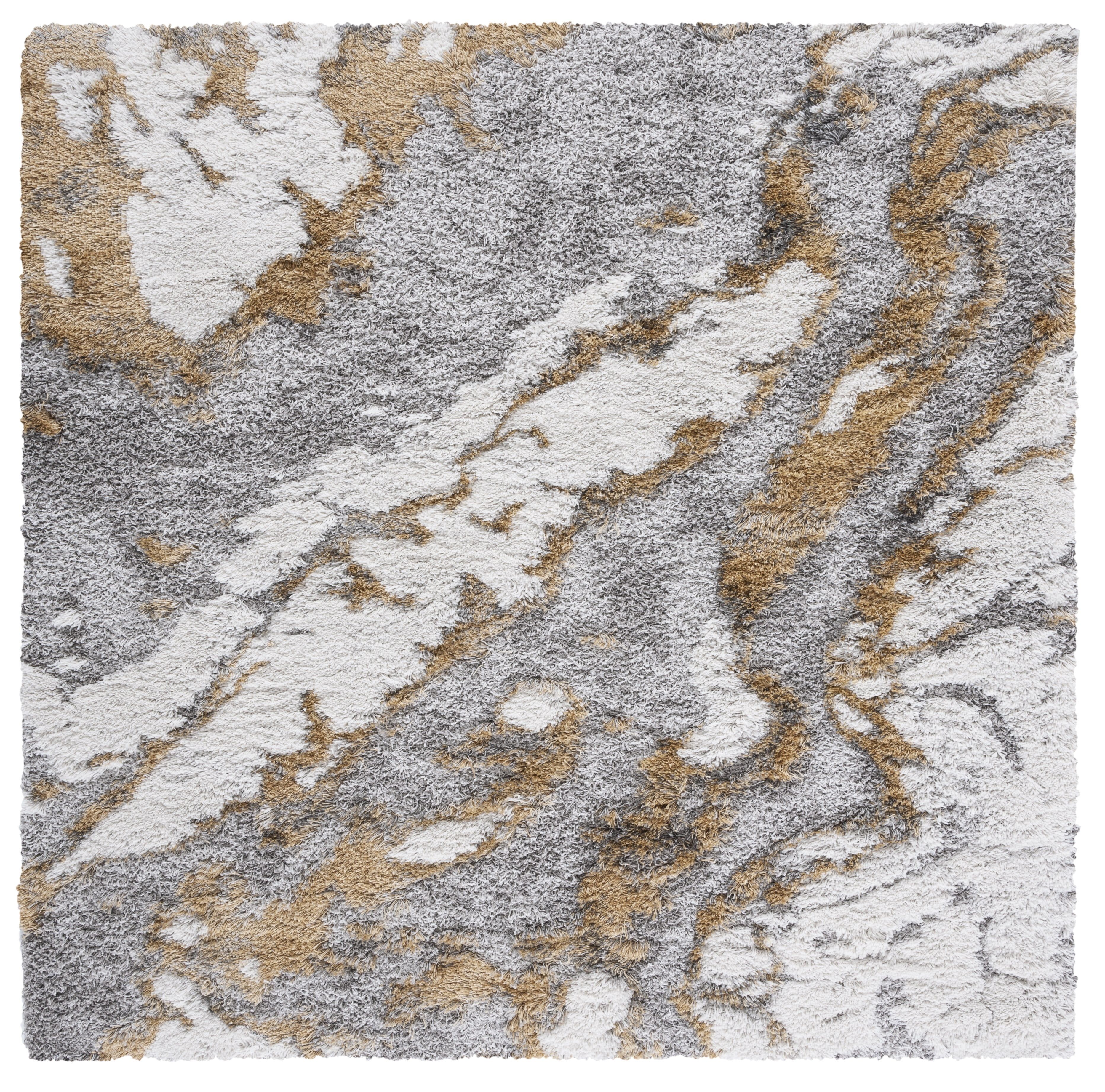 Grey and Gold Abstract Shag Square Area Rug, 11' x 11'