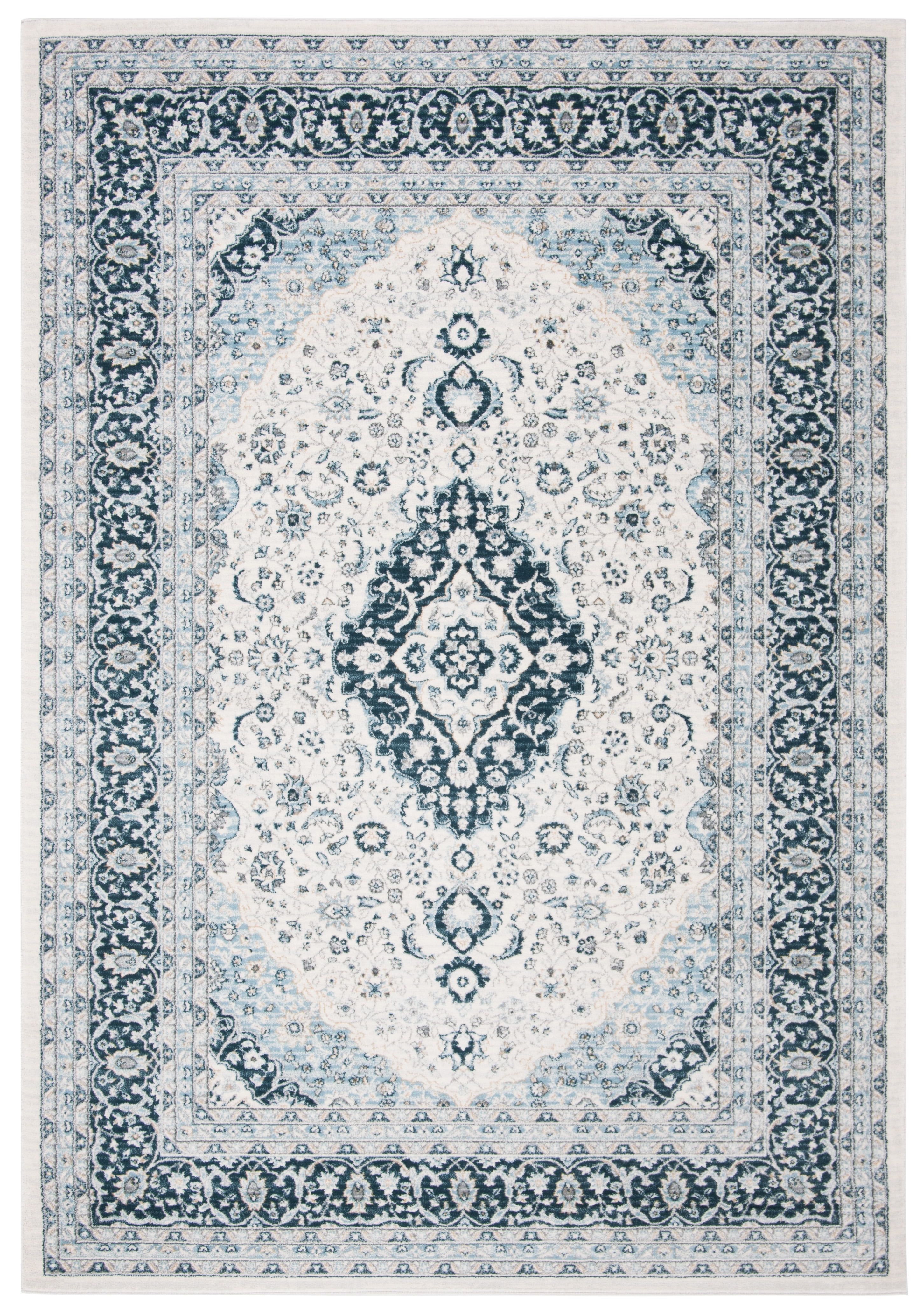 Cream and Navy Synthetic Oriental Area Rug, 5'3" x 7'6"