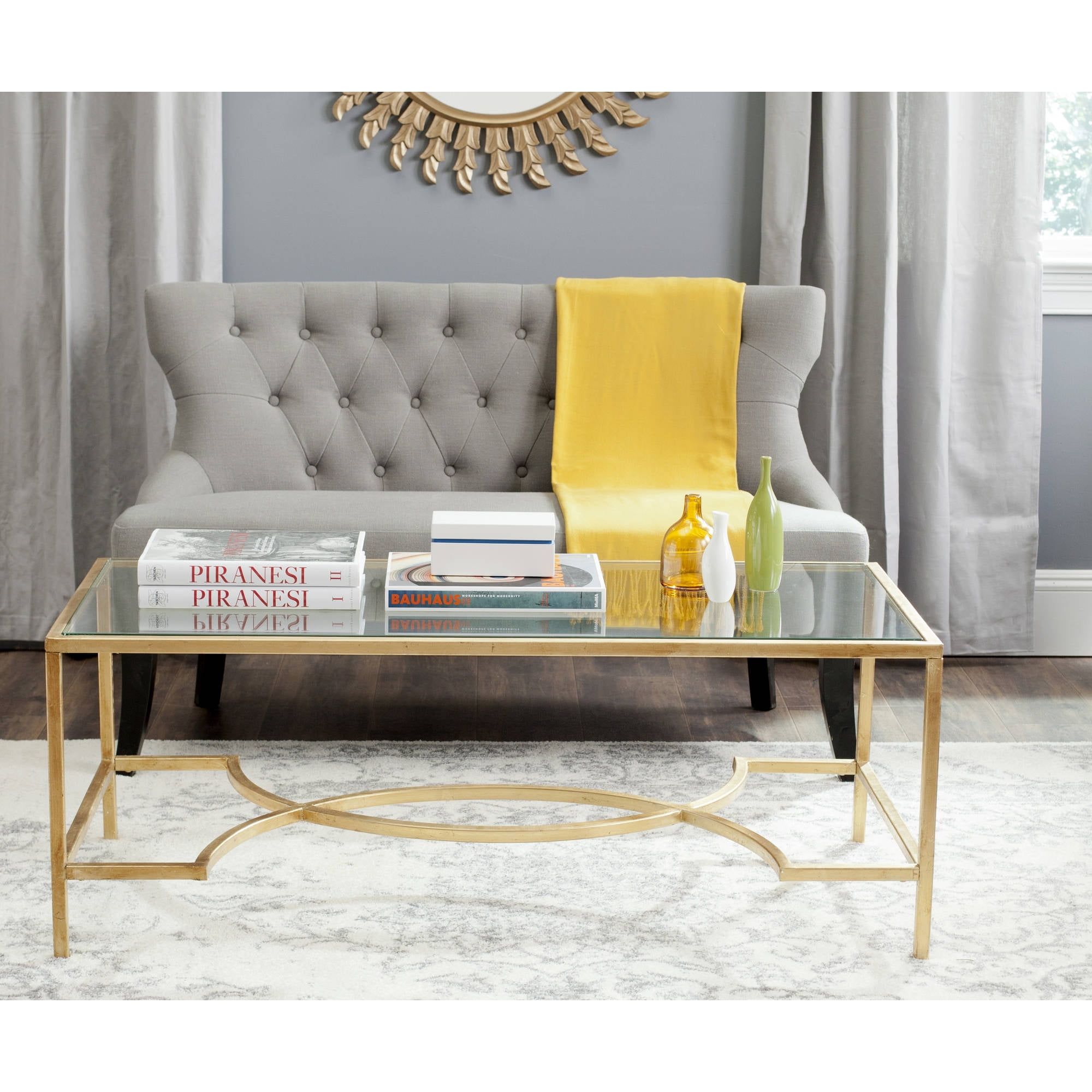 Elegant Transitional 48" Gold Metal & Glass Rectangular Coffee Table