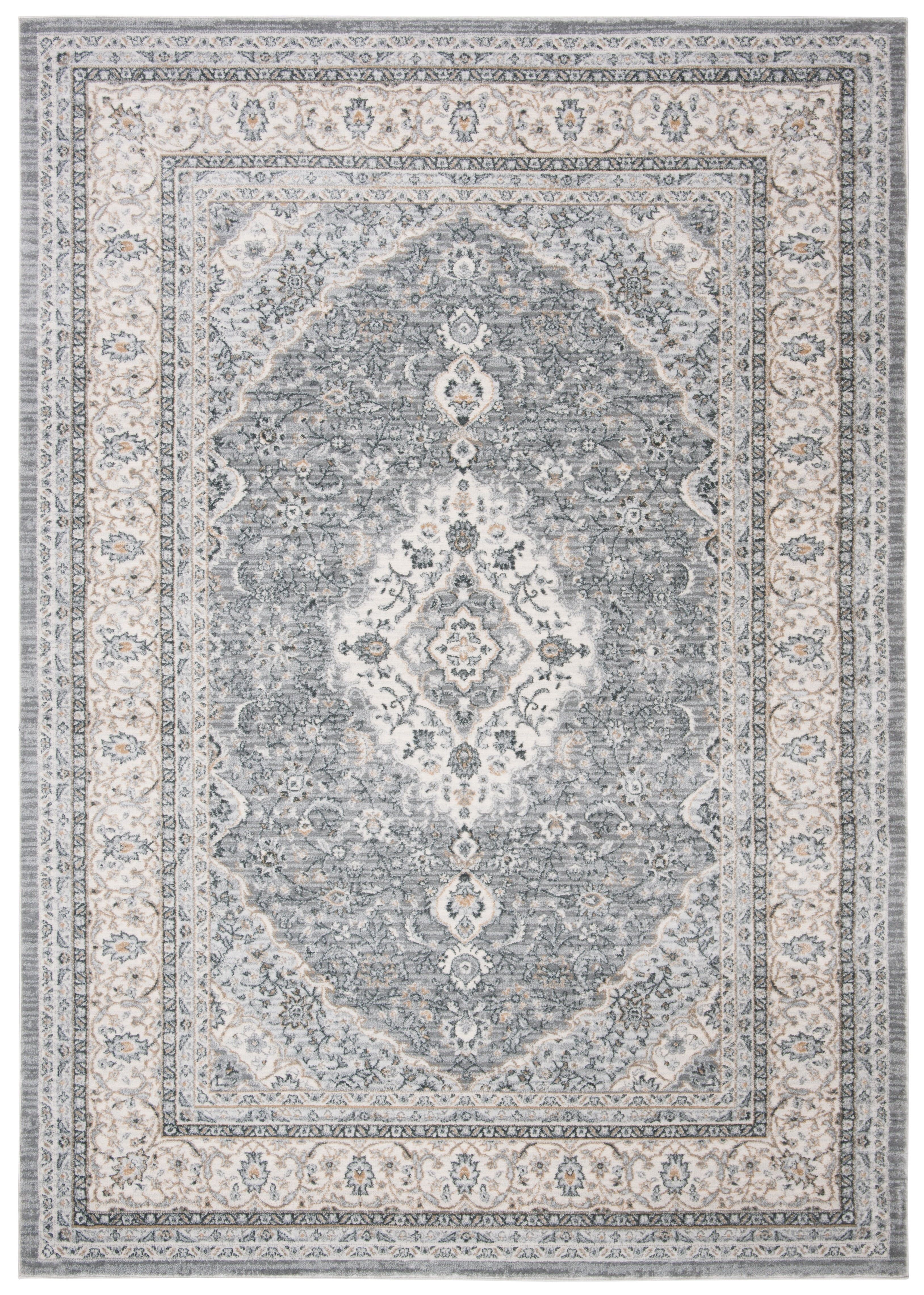 Grey and Cream Synthetic Stain-Resistant Oriental Area Rug, 9' x 12'