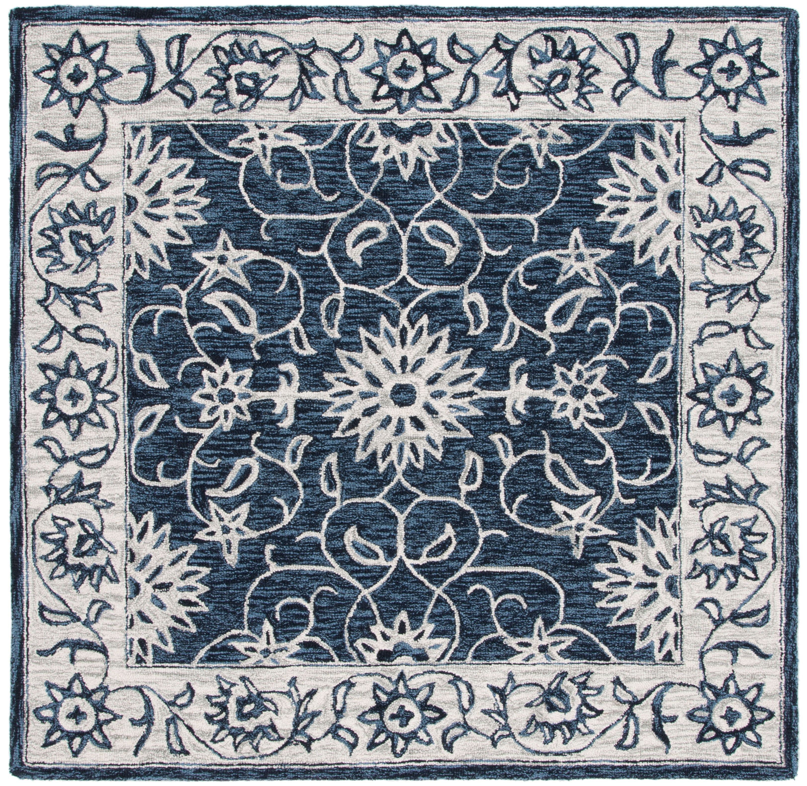 Ivory and Navy Floral Tufted Wool Square Rug, 6' x 6'