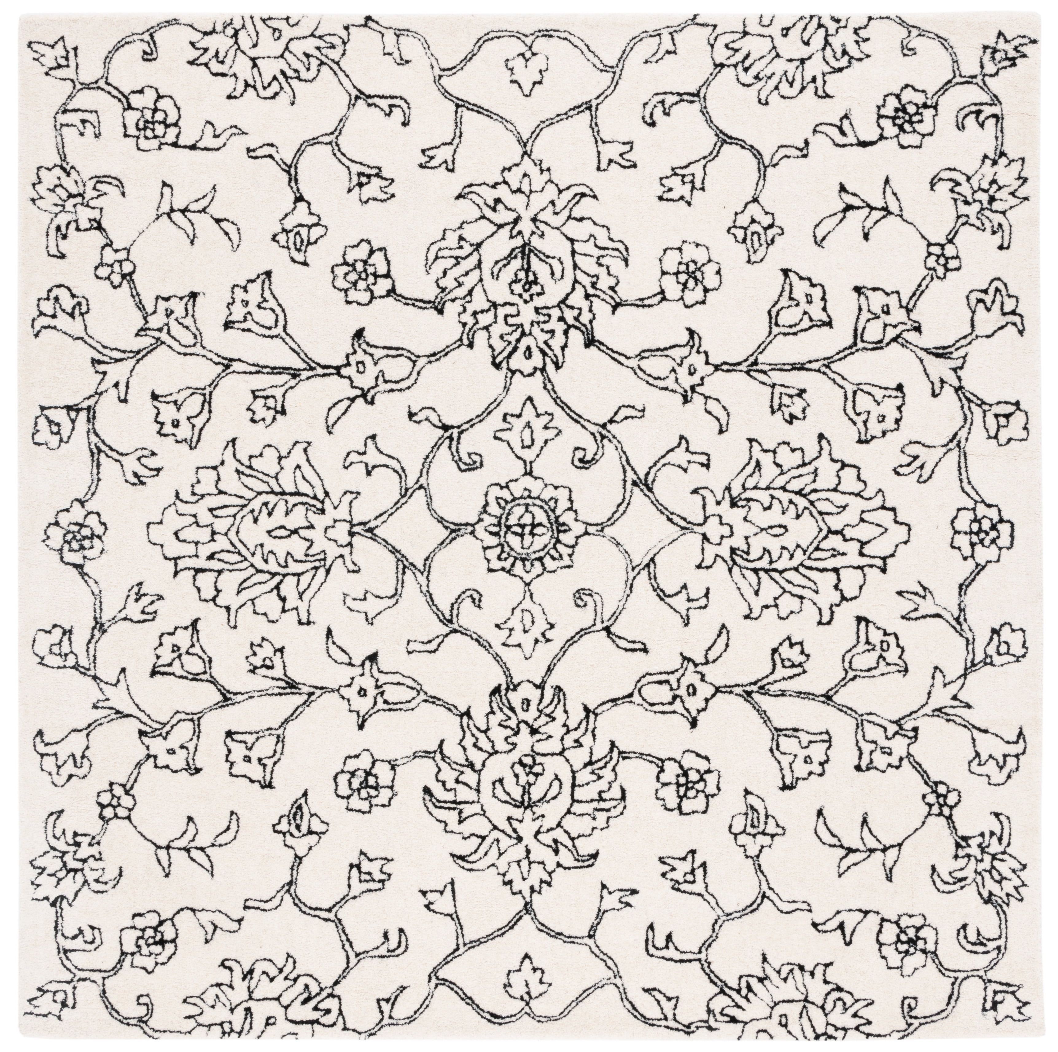 Ivory and Black Floral Hand-Tufted Wool Square Rug