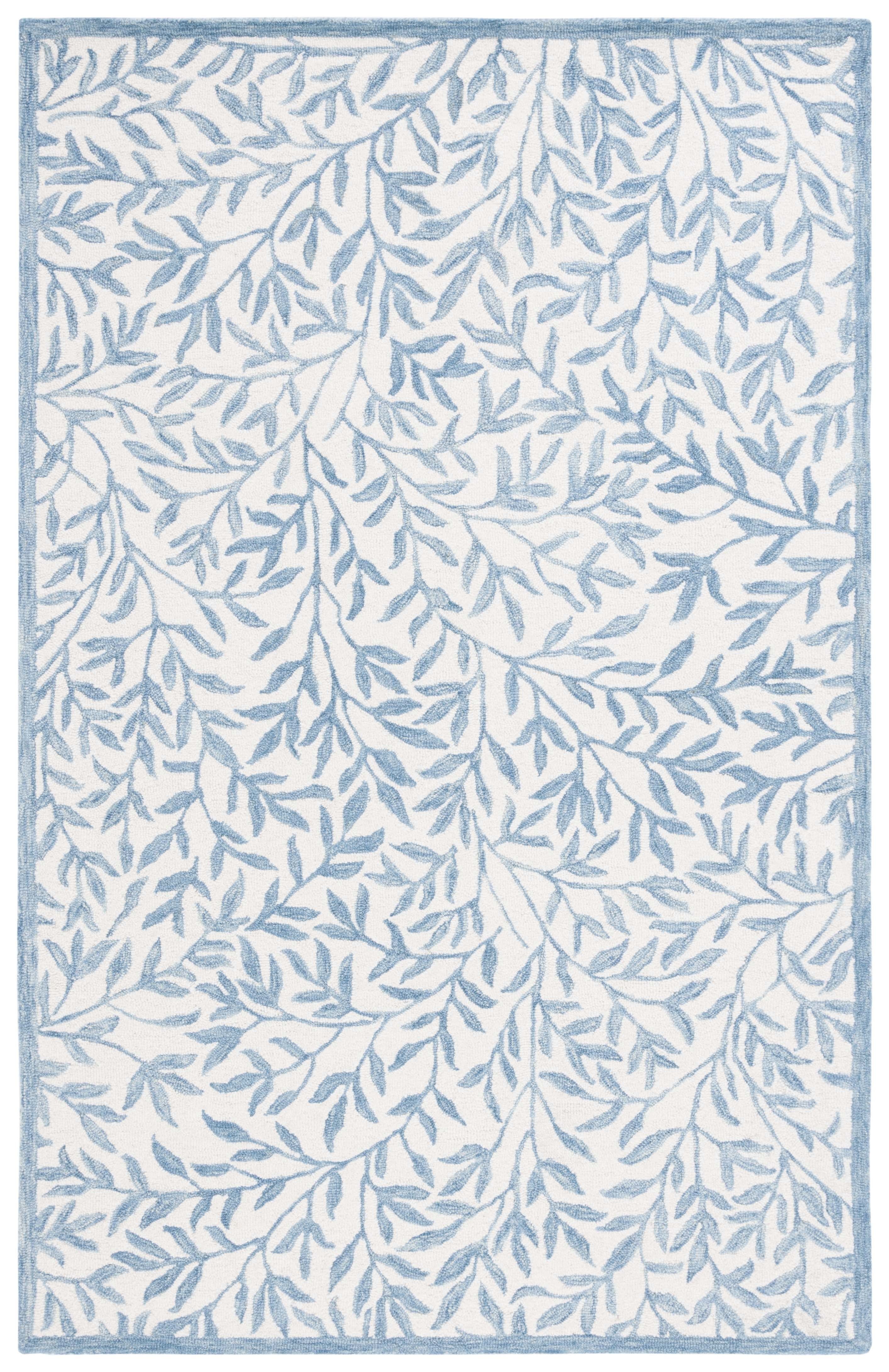 Ivory and Blue Floral Hand-Tufted Wool 4' x 6' Rug