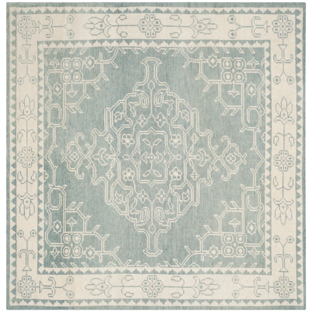 Ivory and Blue Hand-Knotted Wool Square Area Rug