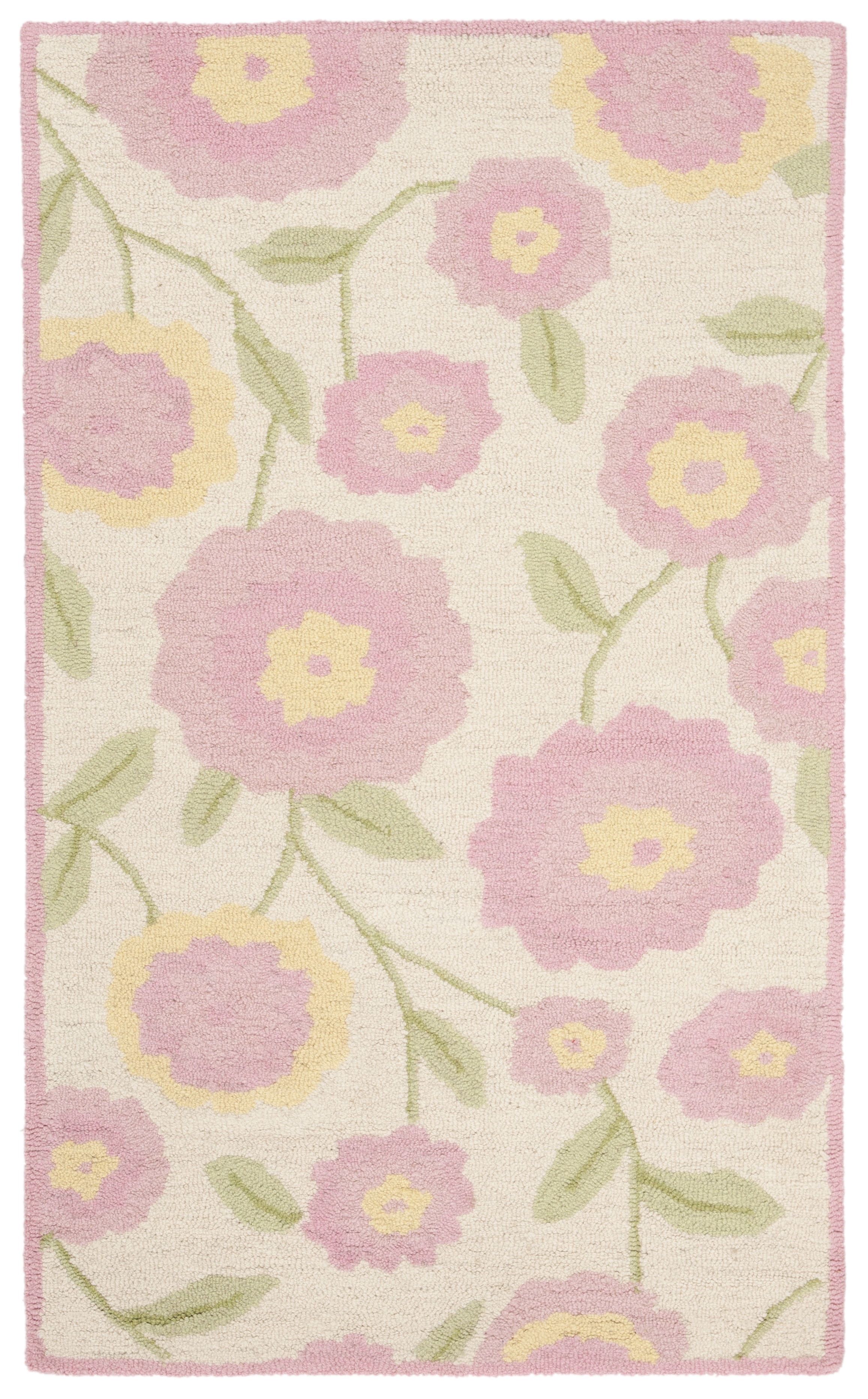 Ivory and Pink Floral Handmade Wool Kids Rug