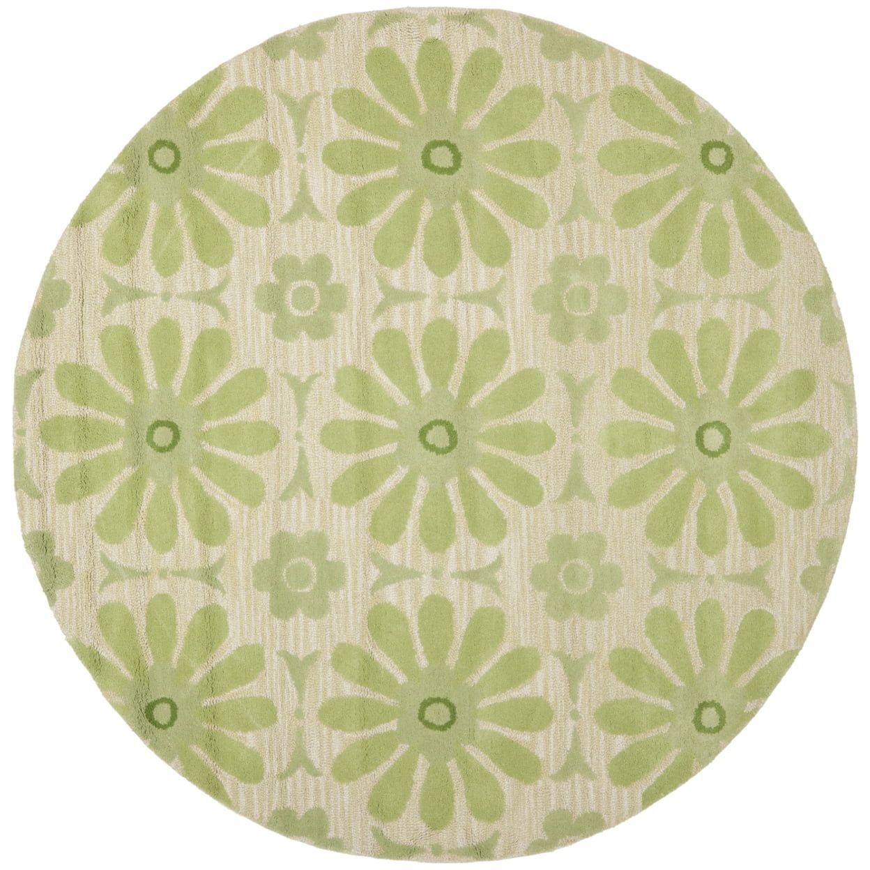 Ivory and Green Round Geometric Wool Kids Rug