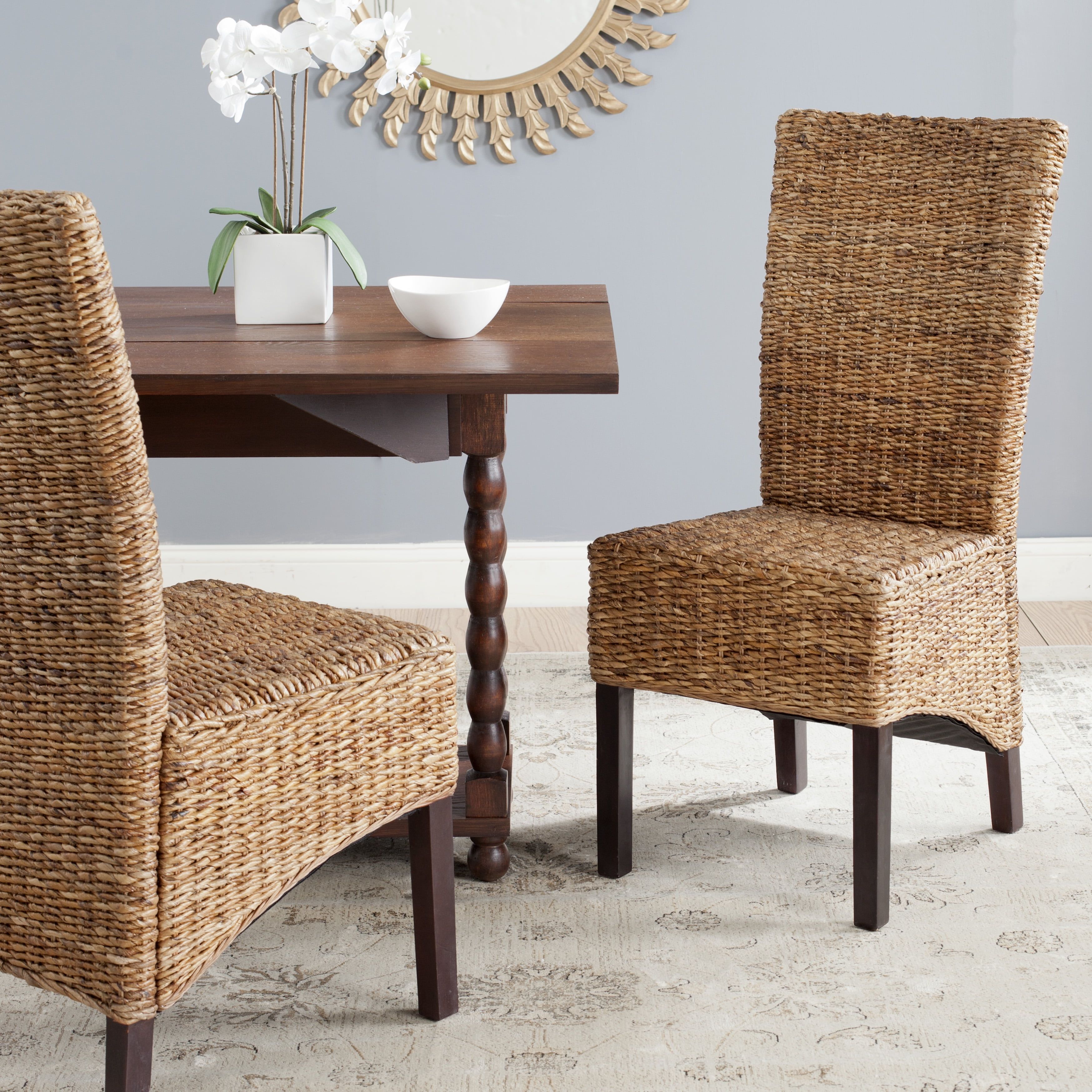 Natural Woven Rattan and Wood Side Chair Set