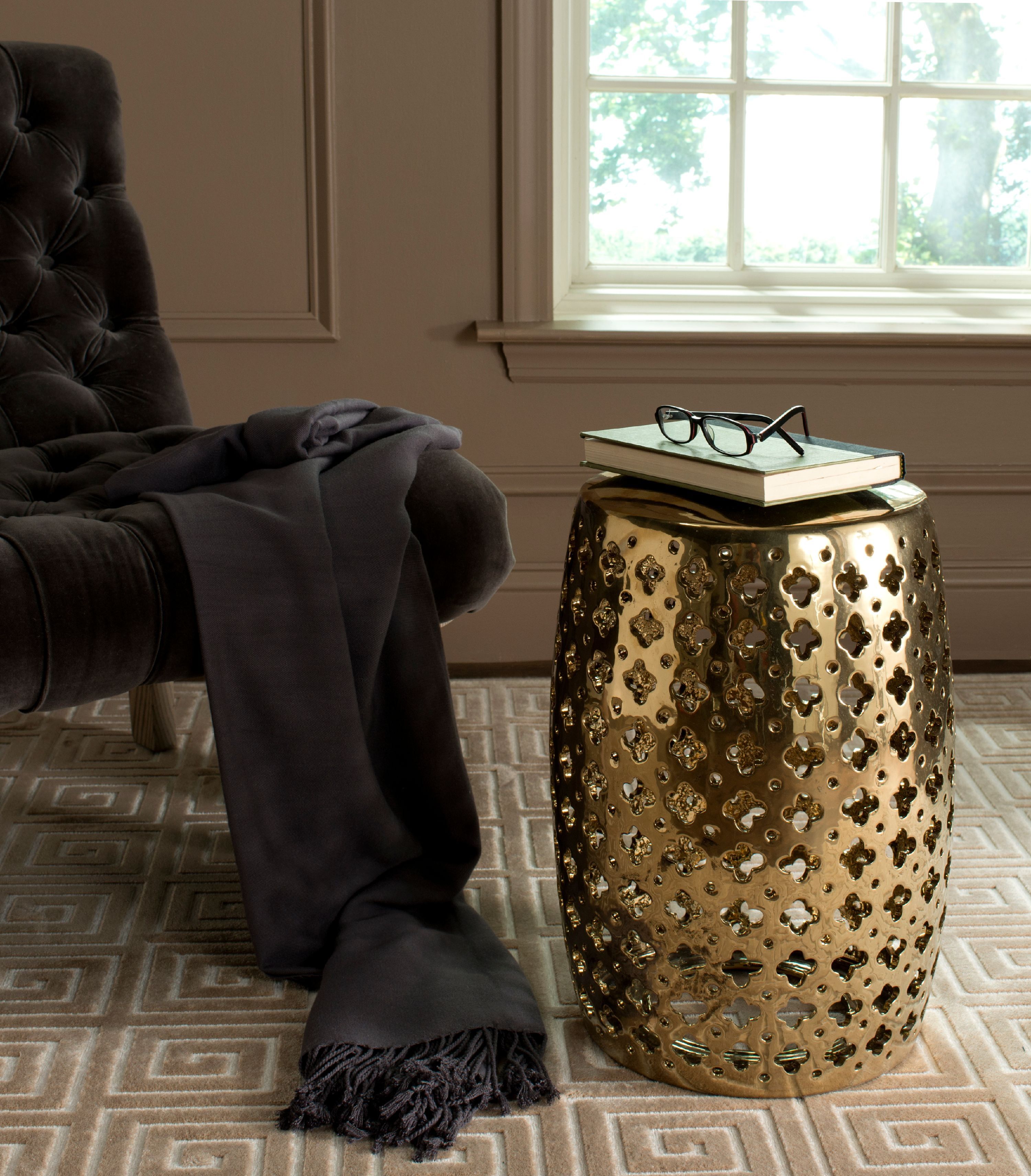 Gold Ceramic Quatrefoil Indoor/Outdoor Garden Stool