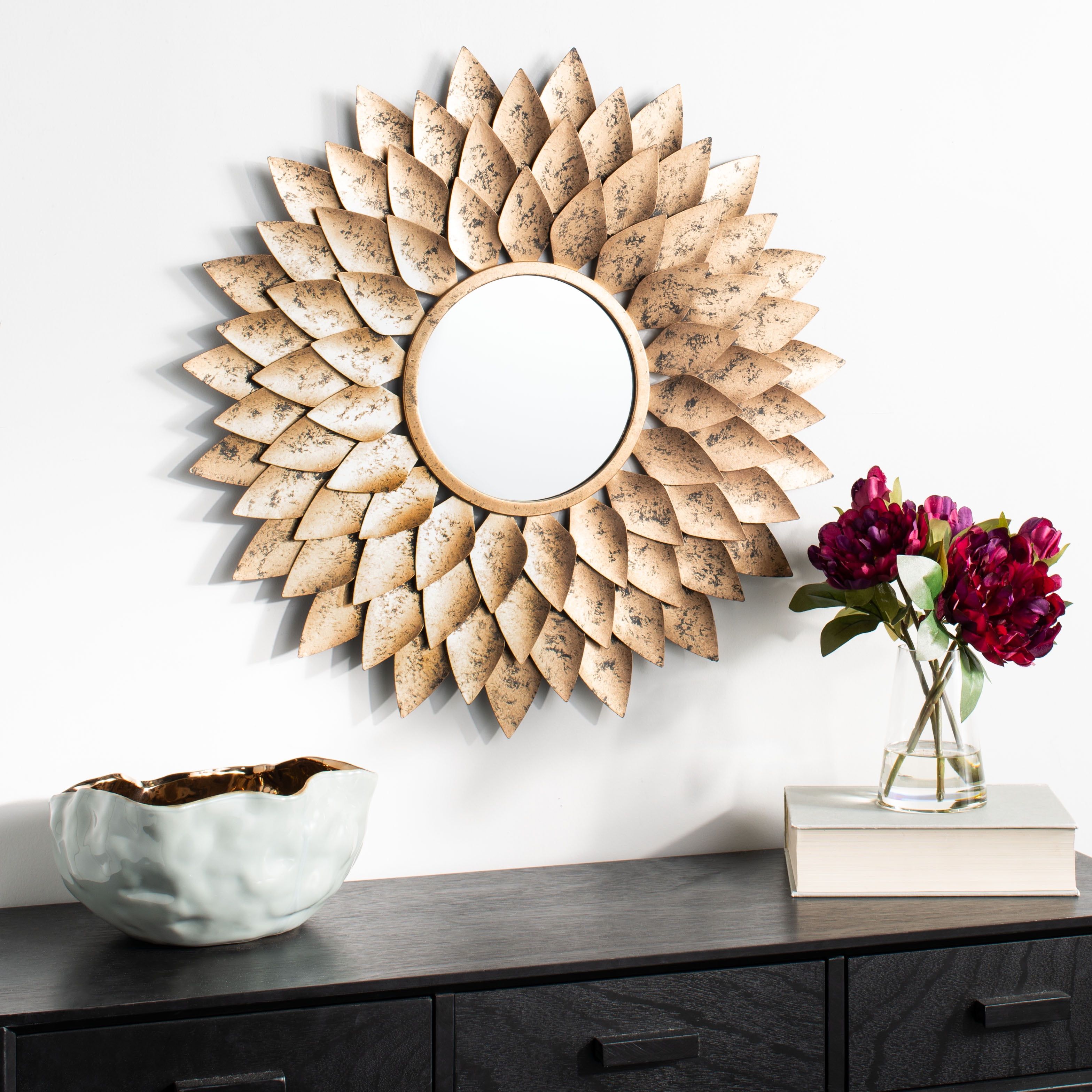 26.75" Contemporary Gold Wood Sunburst Round Mirror