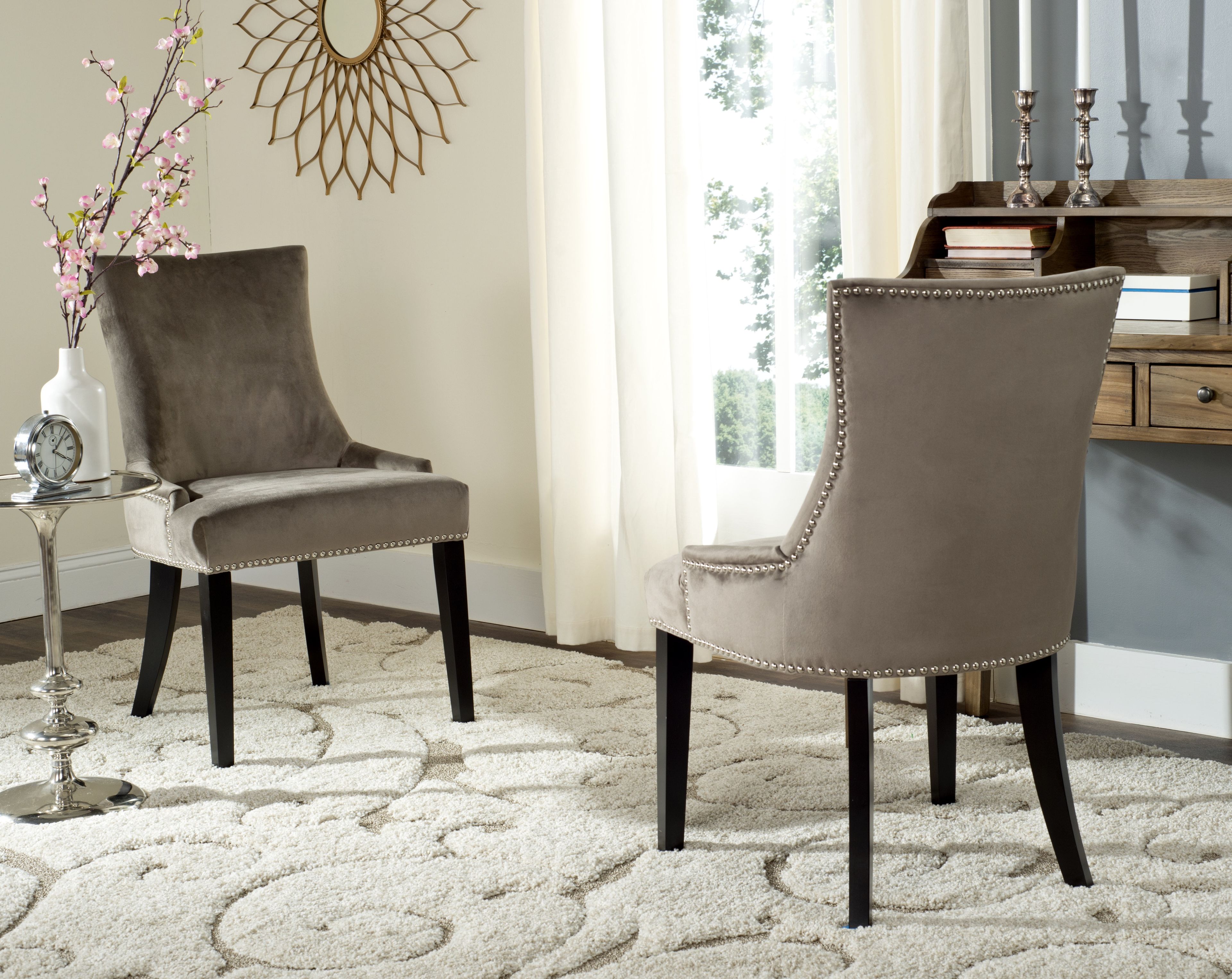 Transitional Gray Velvet Upholstered Side Chair with Birch Legs