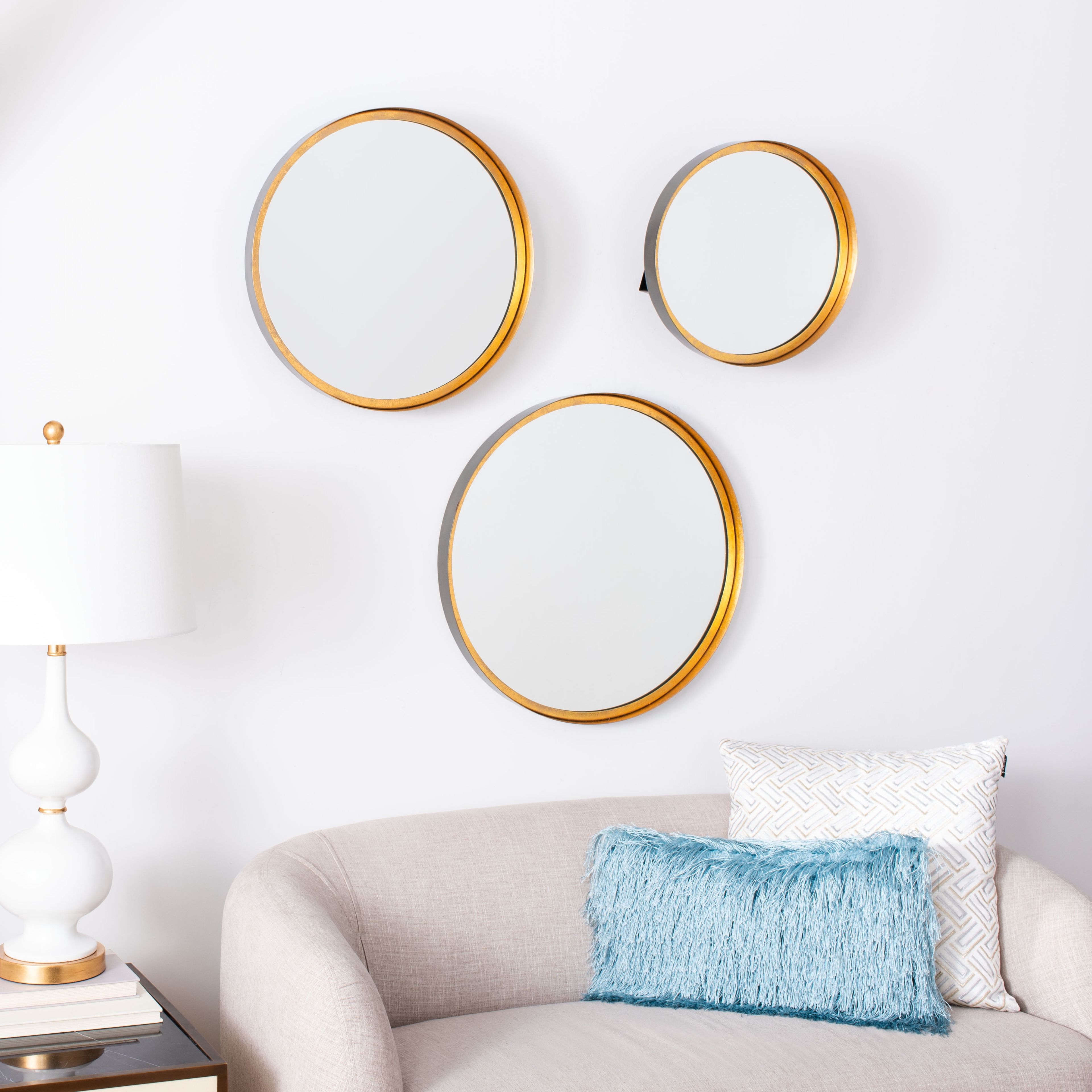 Mid-Century Mod Round Wood Mirror with Gold Foil Accents, Set of 3