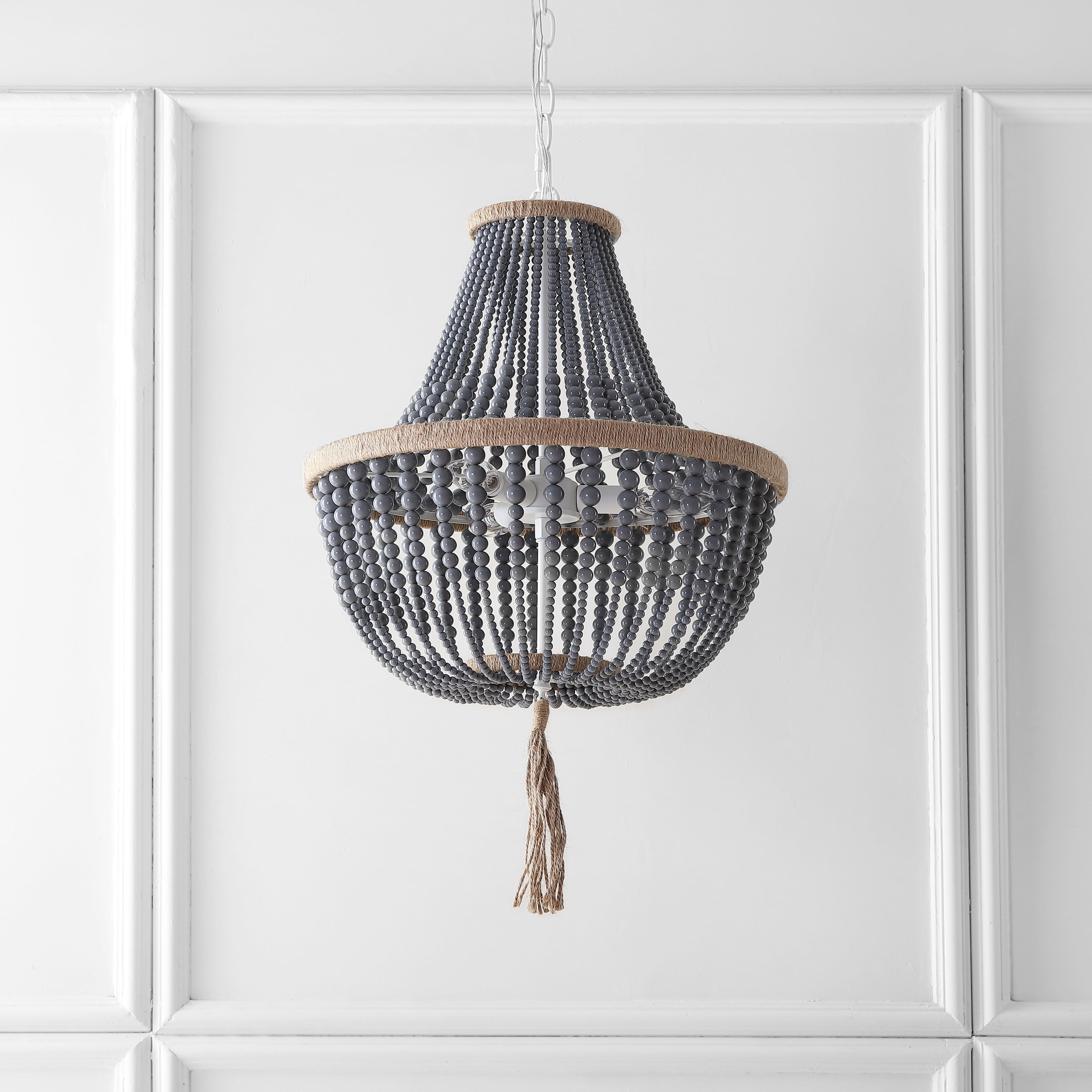 Modern Grey Beaded 16.5" Adjustable Pendant Lamp with Tassel