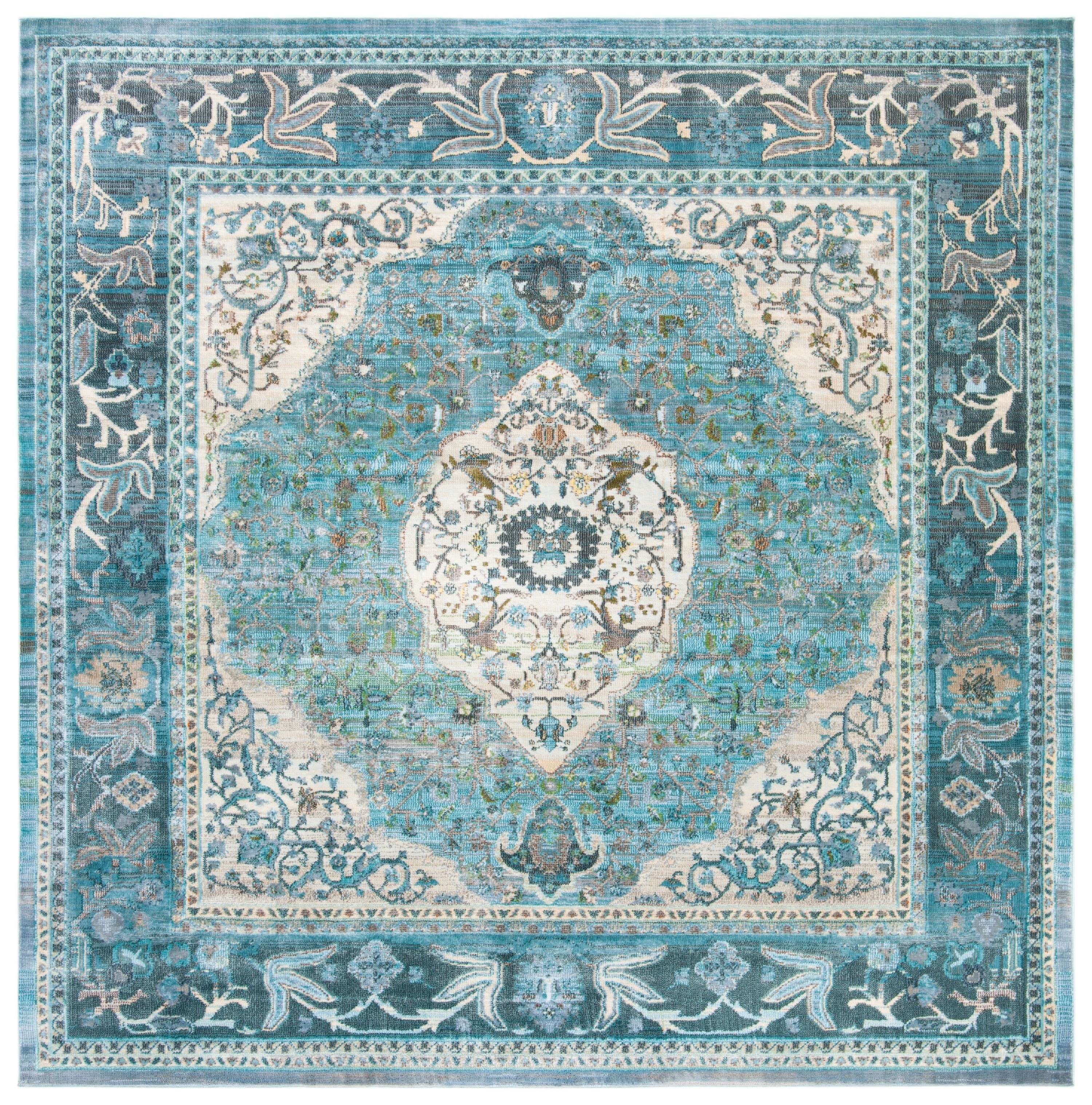 Turquoise and Beige Square Hand-Knotted Viscose Rug