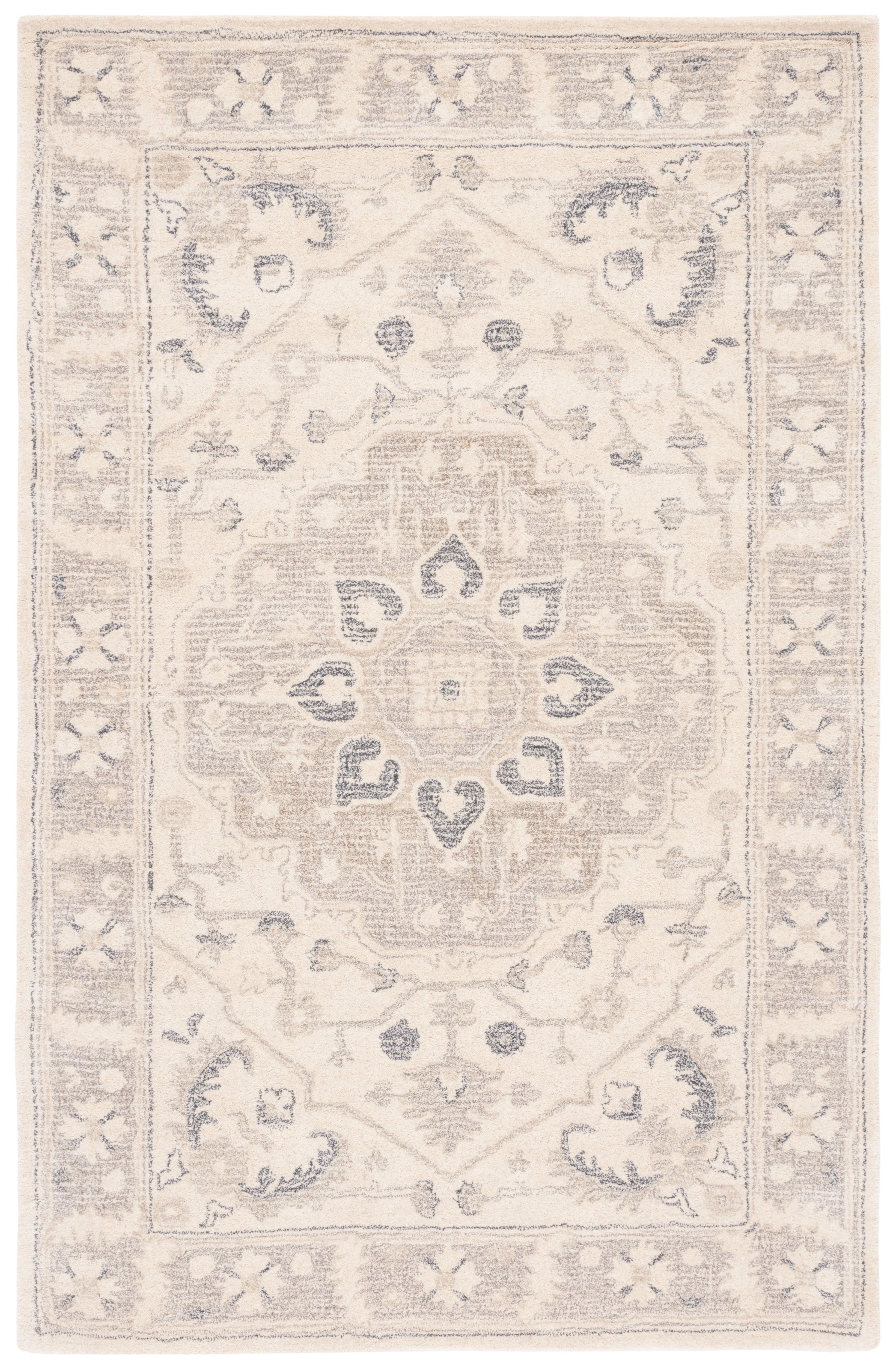 Ivory Beige Hand-Tufted Wool Medallion Area Rug 5' x 8'