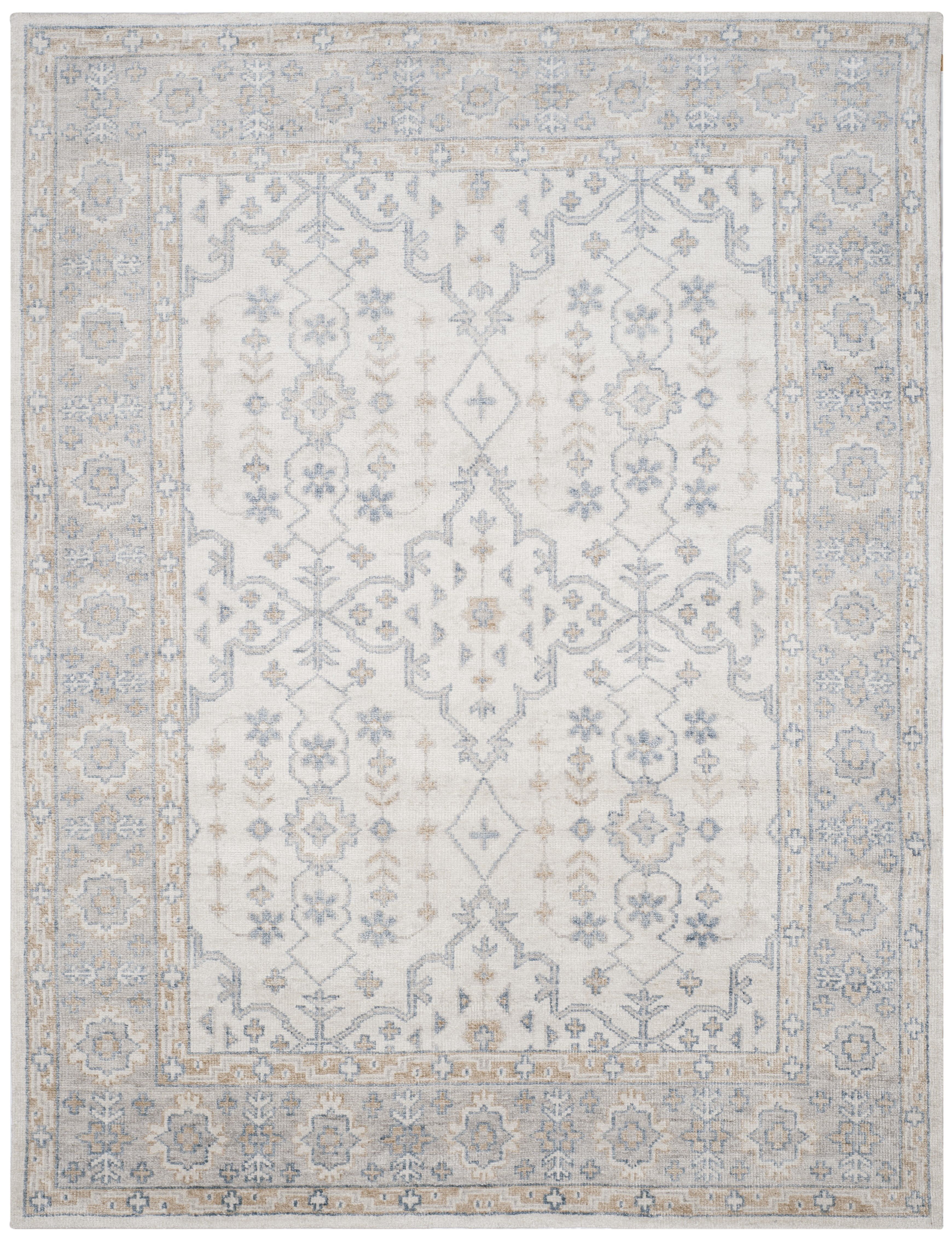 Ivory and Blue Hand-Knotted Wool and Viscose 9' x 12' Area Rug