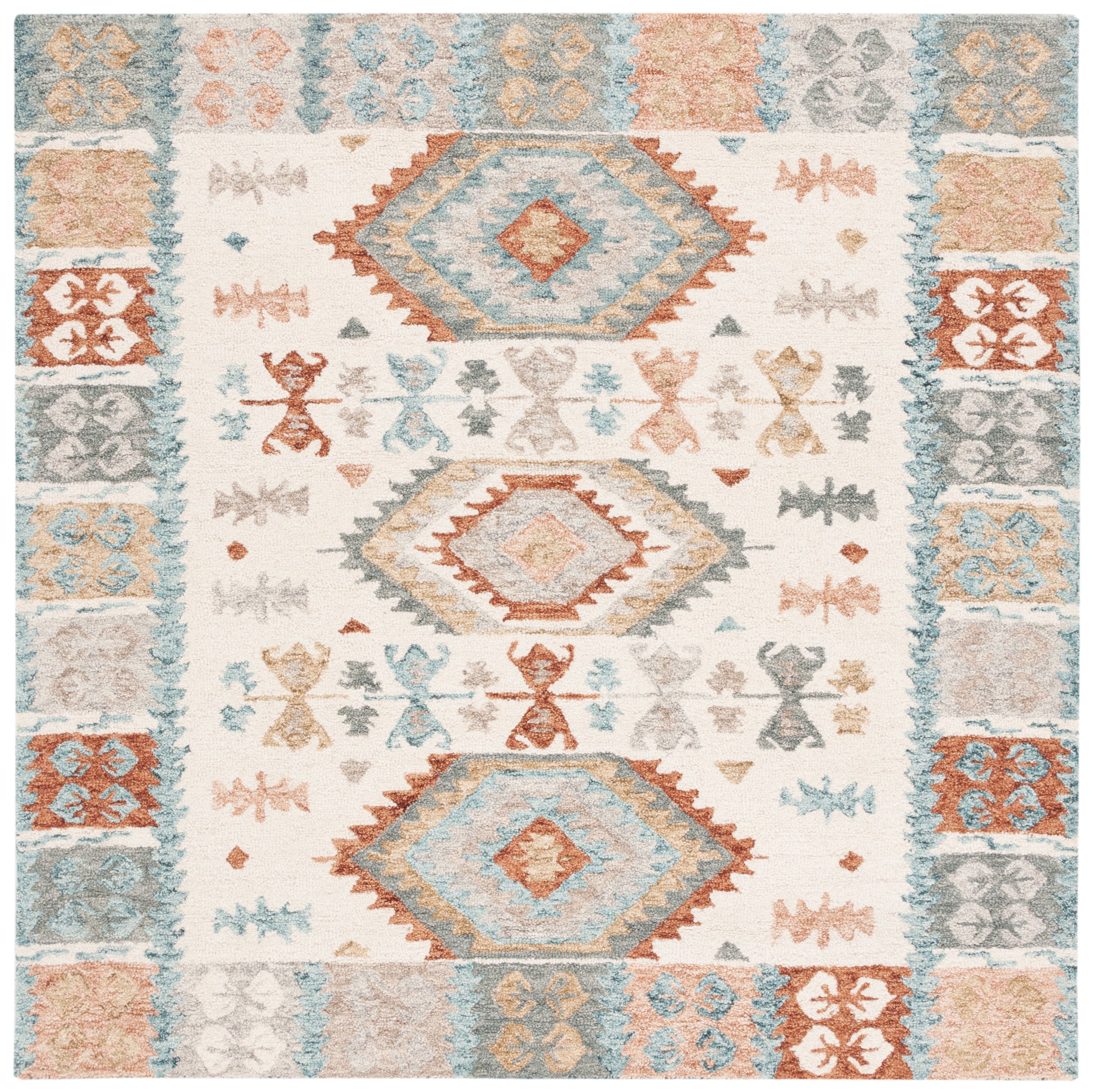 Ivory and Blue Hand-Tufted Wool Southwestern Square Rug, 6' x 6'