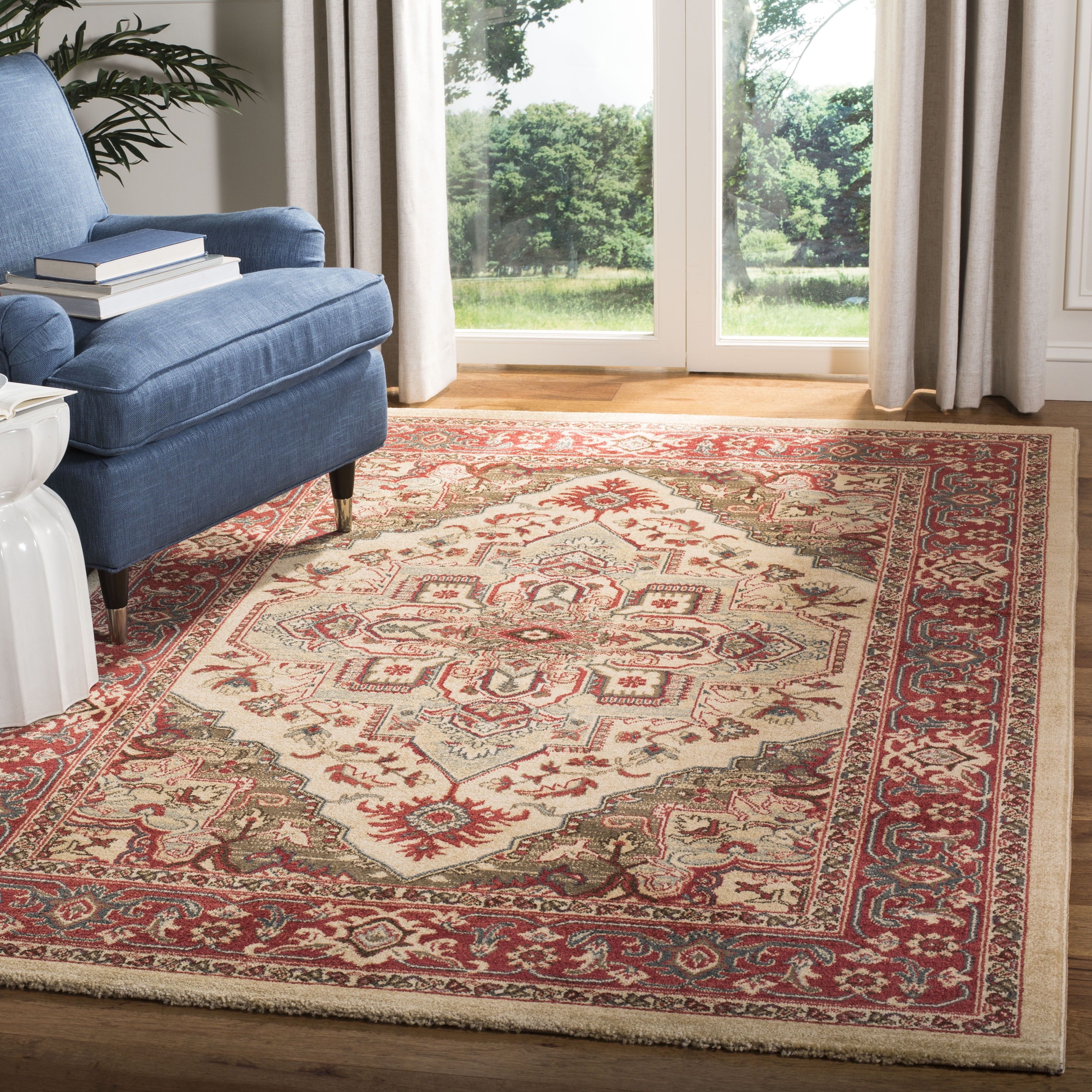 Cream and Red Synthetic Square Stain-Resistant Area Rug