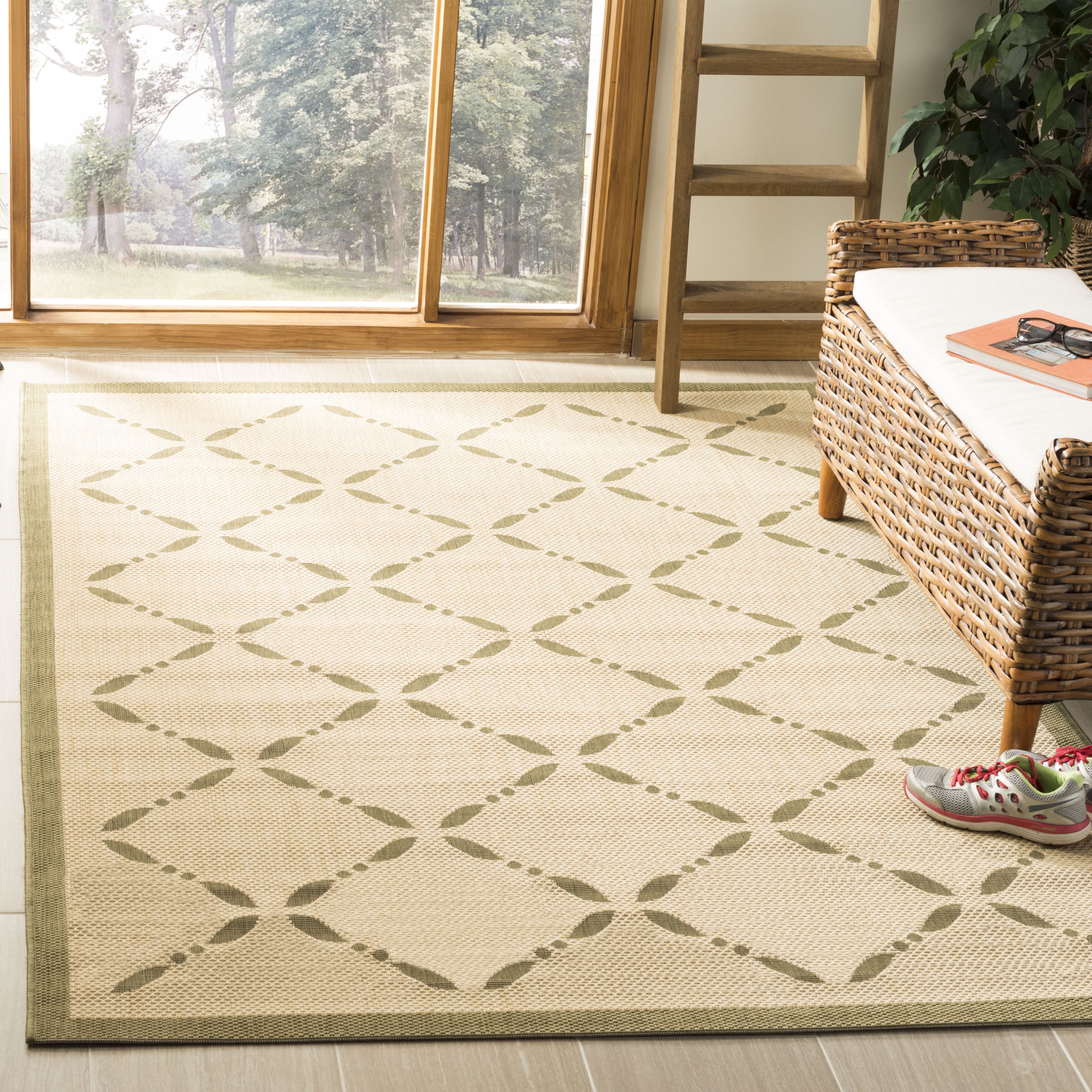 Cream and Green Geometric Tufted Rectangular Area Rug