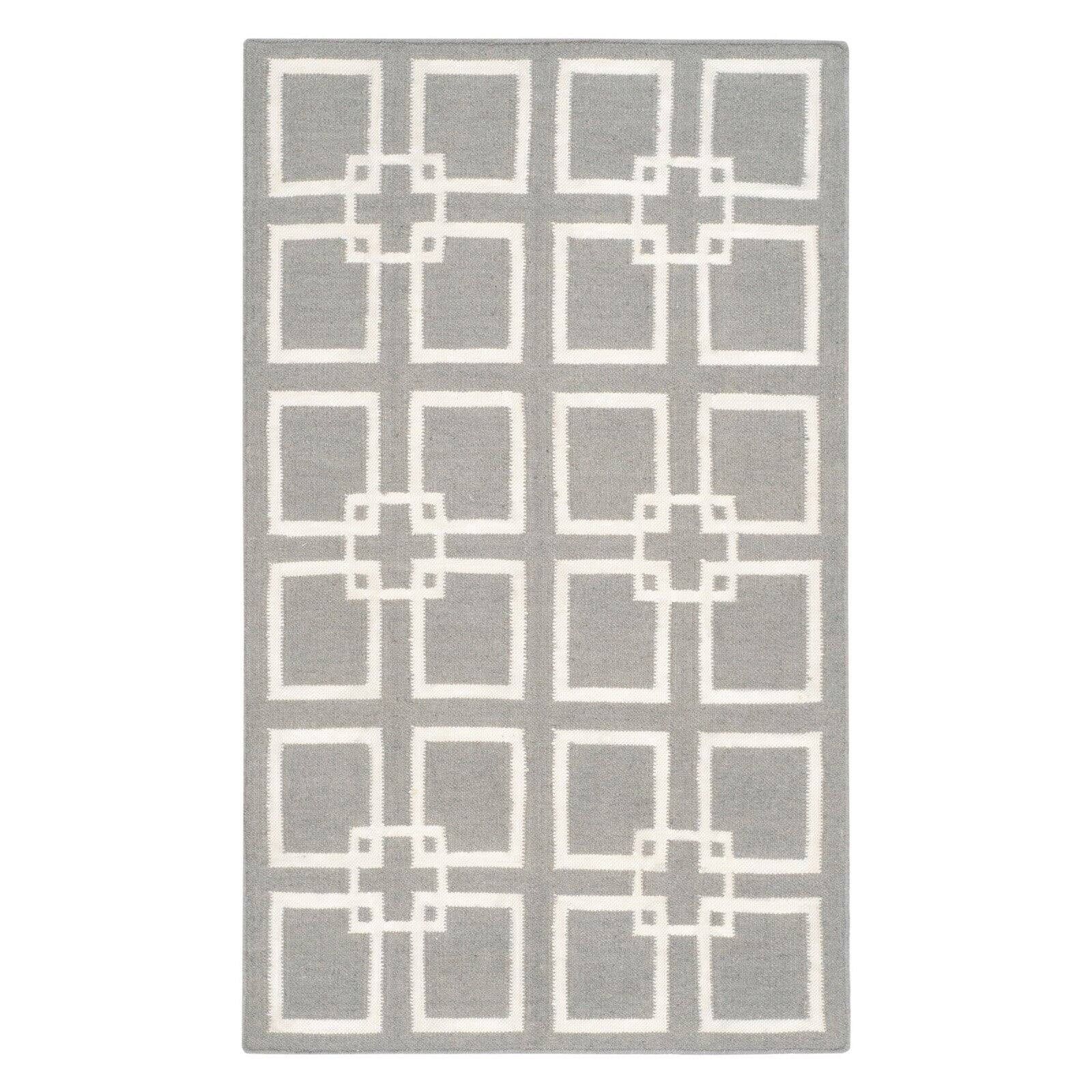 Handmade Square Dance 8' x 10' Flat Woven Wool-Cotton-Silk Rug in Cement Grey