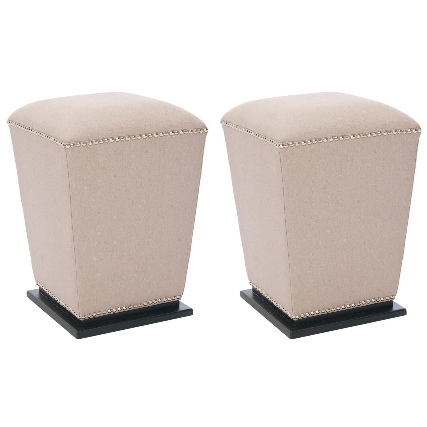 Mason Beige Linen and Birch Wood Footstool Set