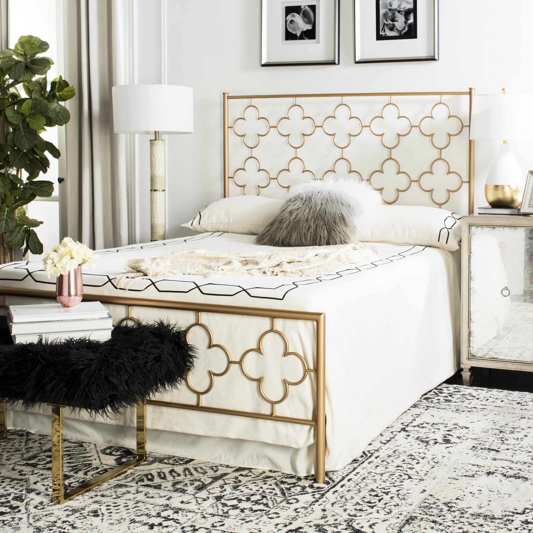 Antique Gold Full Metal Lattice Headboard Bed with Footboard