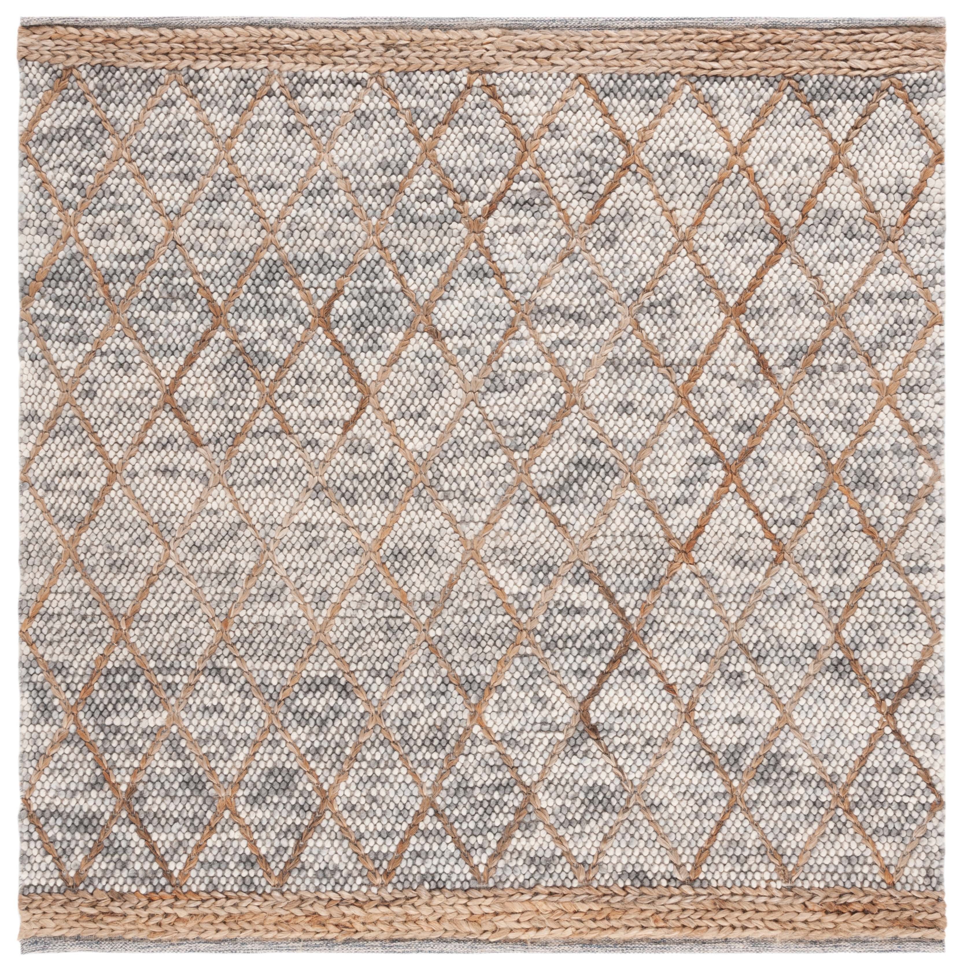 Light Grey Natural Wool Square Flat Woven Rug