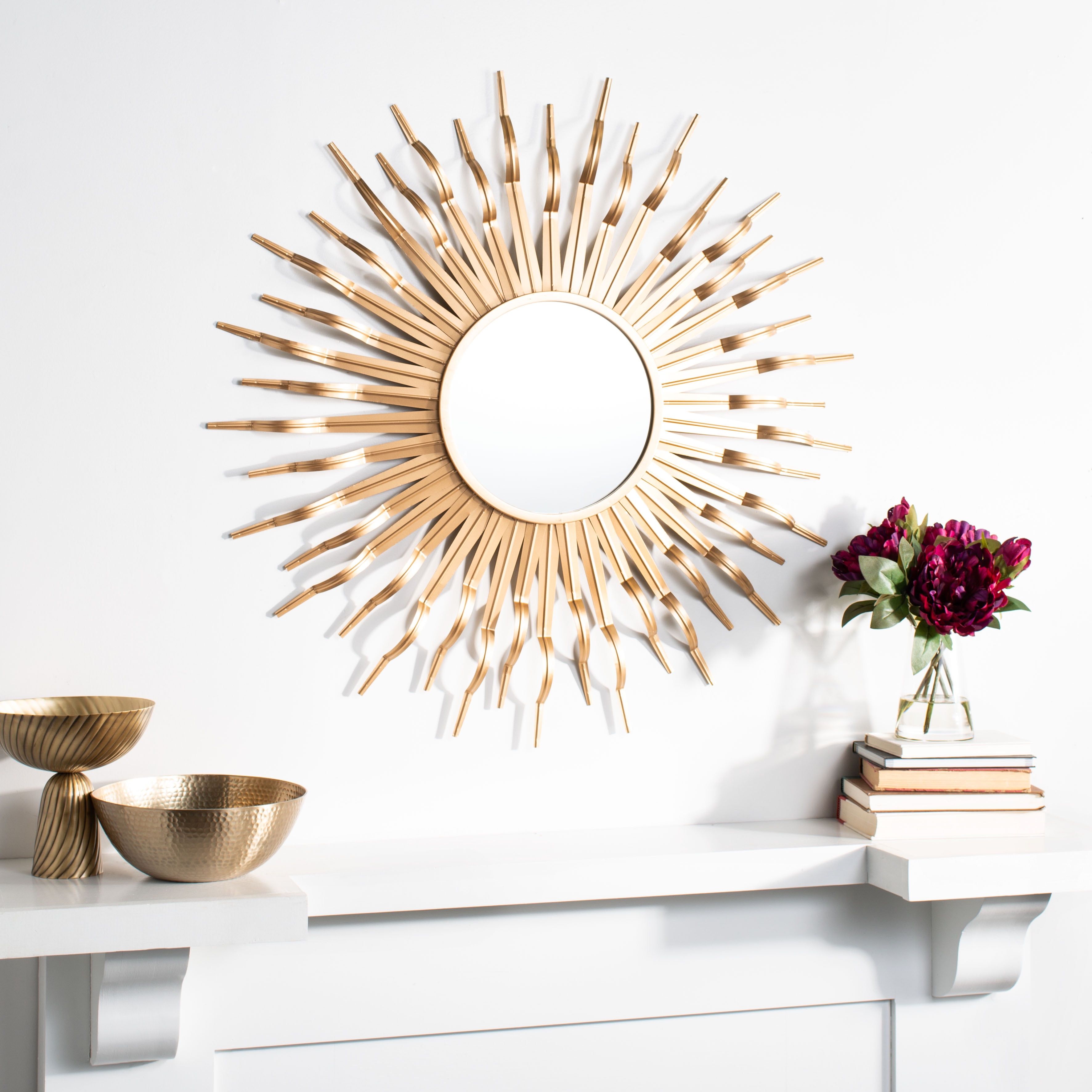 Contemporary 35" Gold Wood Sunburst Round Mirror