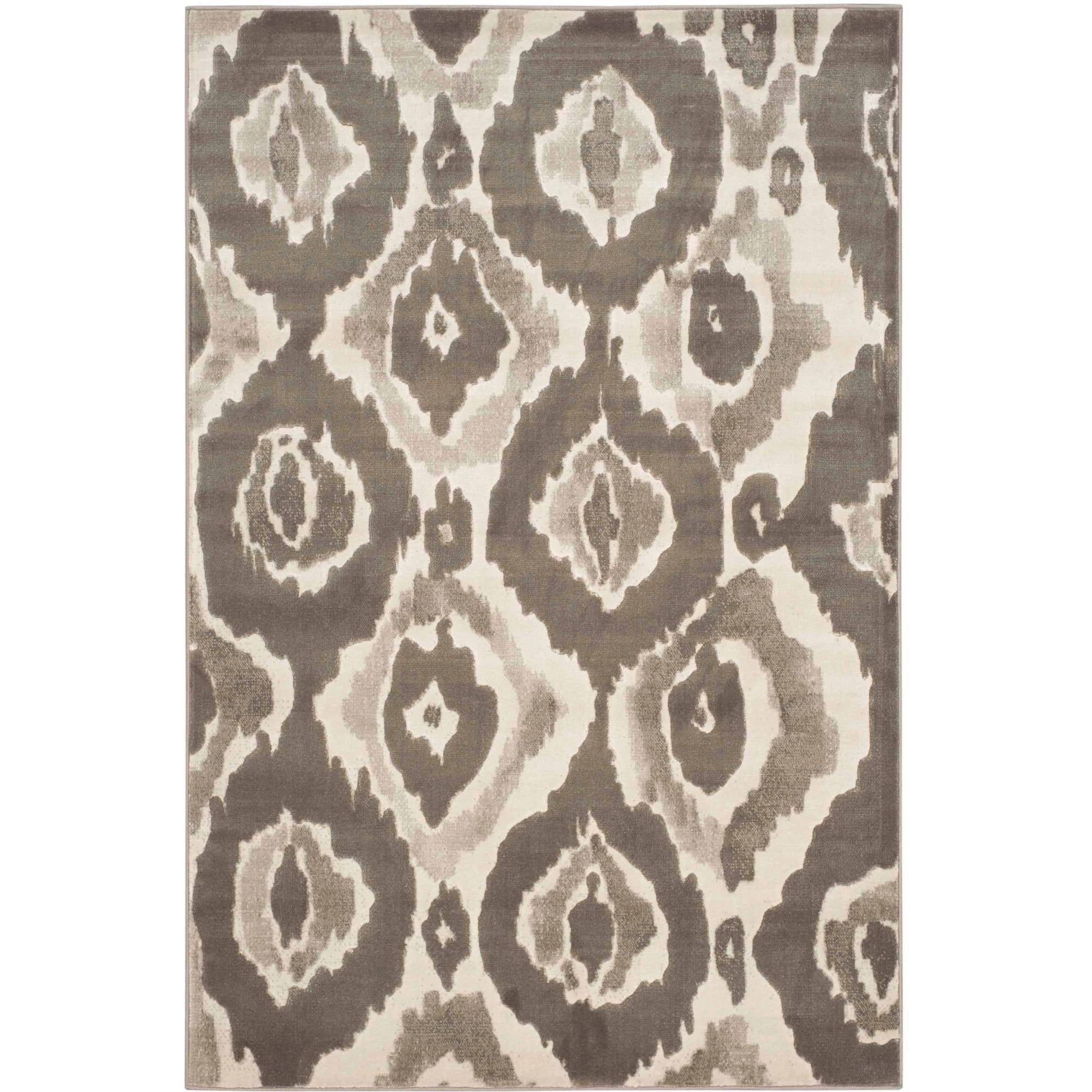 Ivory and Dark Grey Floral Ikat Rectangular Rug