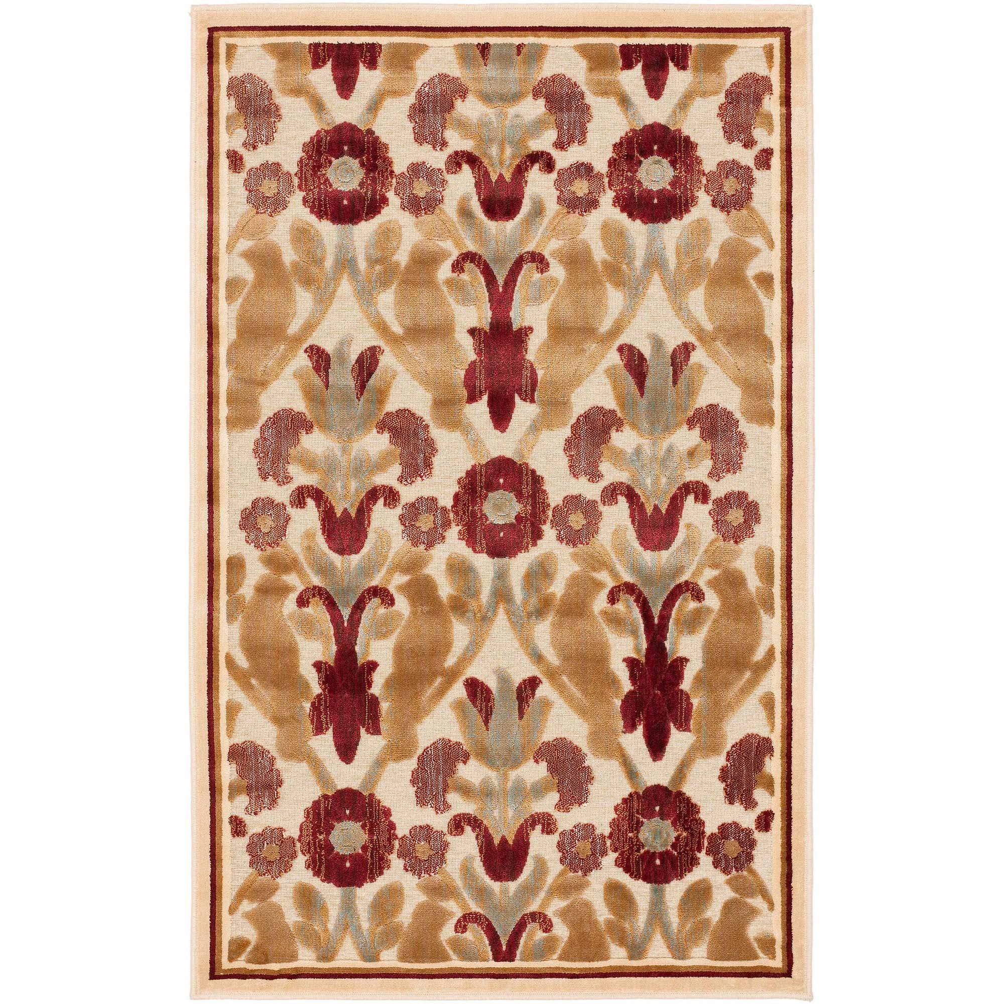 Cream Floral Viscose Chenille Silk Area Rug 2'7" x 4'