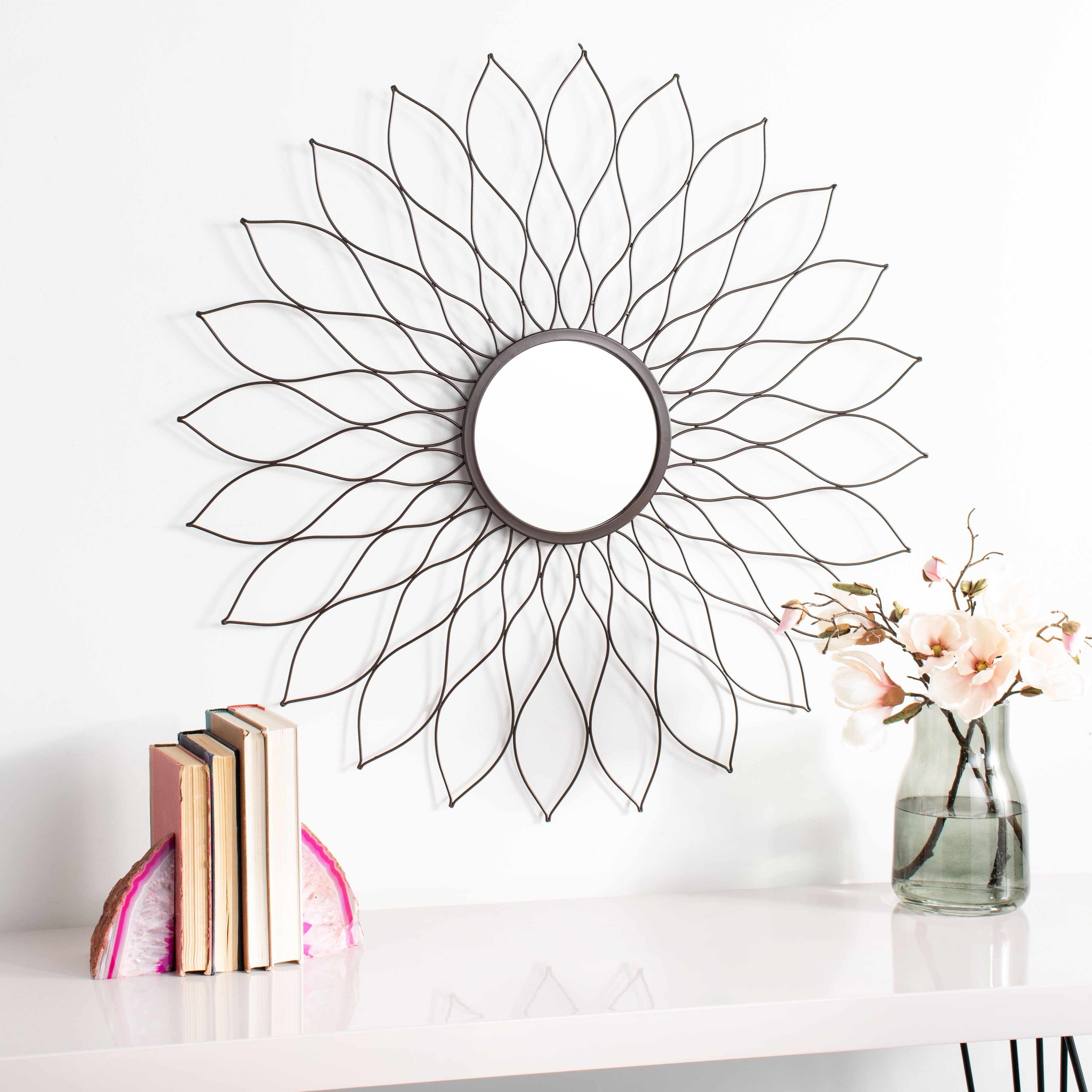 Contemporary Sunburst Round Mirror in Cream and Gold, 35"