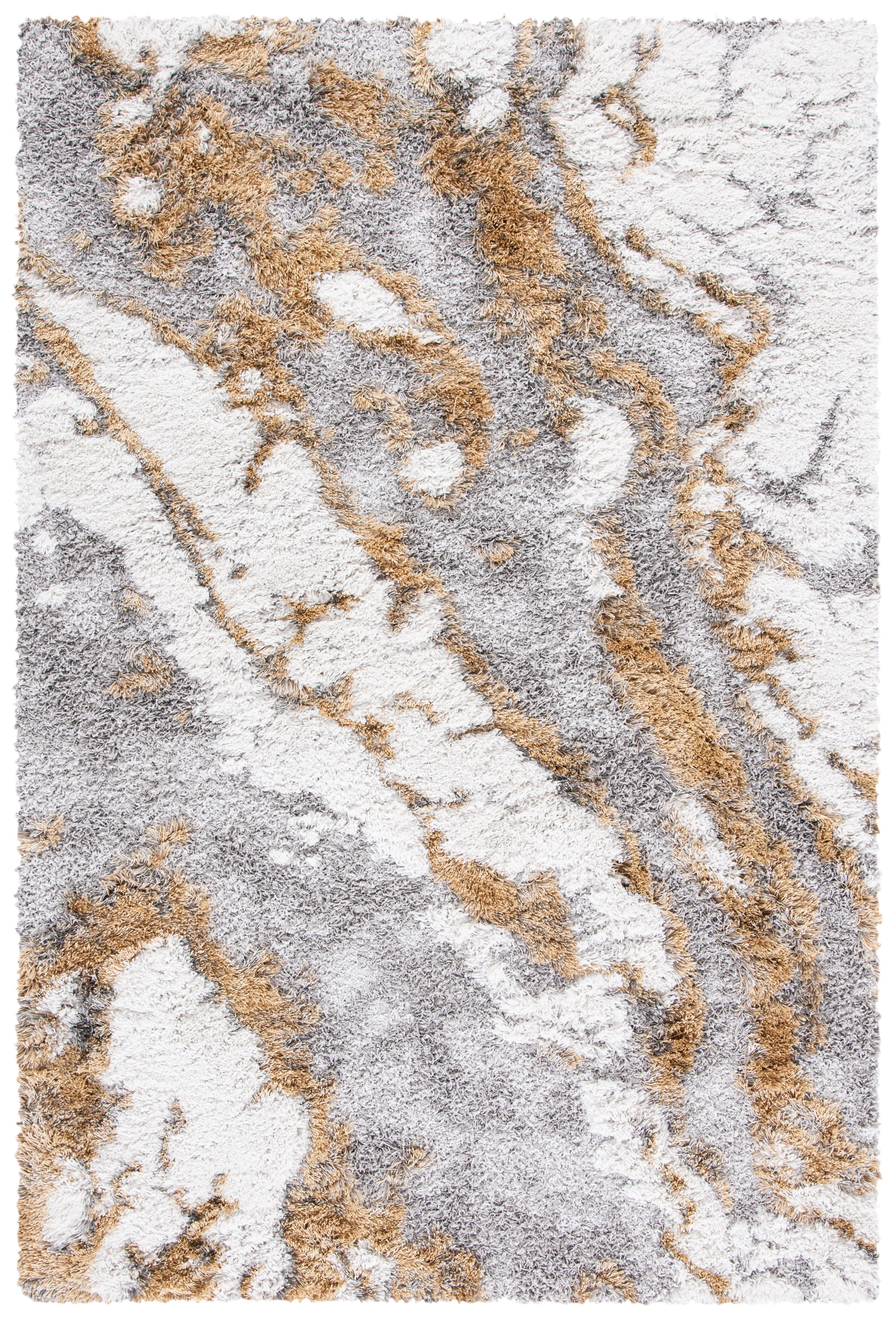 Grey and Gold Abstract Shag Area Rug, 10' x 14'