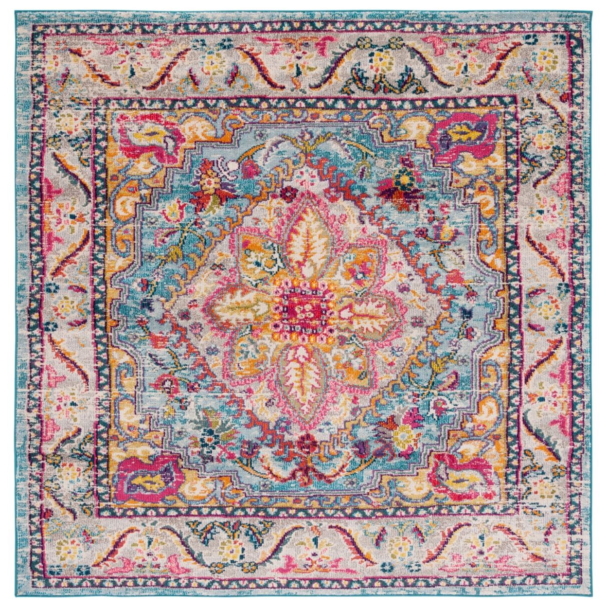 Turquoise and Beige Square Medallion Synthetic Area Rug