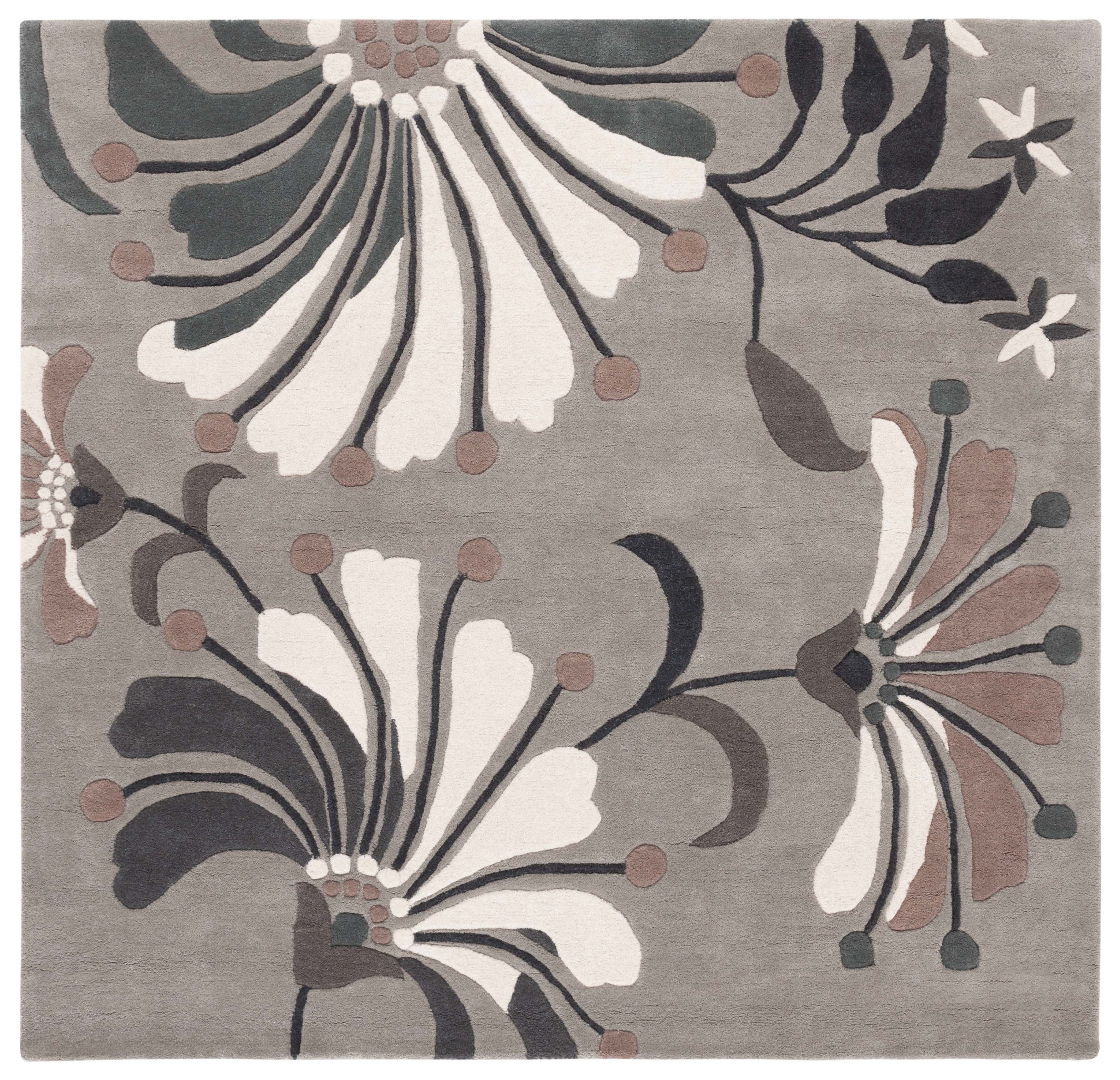 Grey and Ivory Floral Hand Tufted Wool Square Rug 6' x 6'