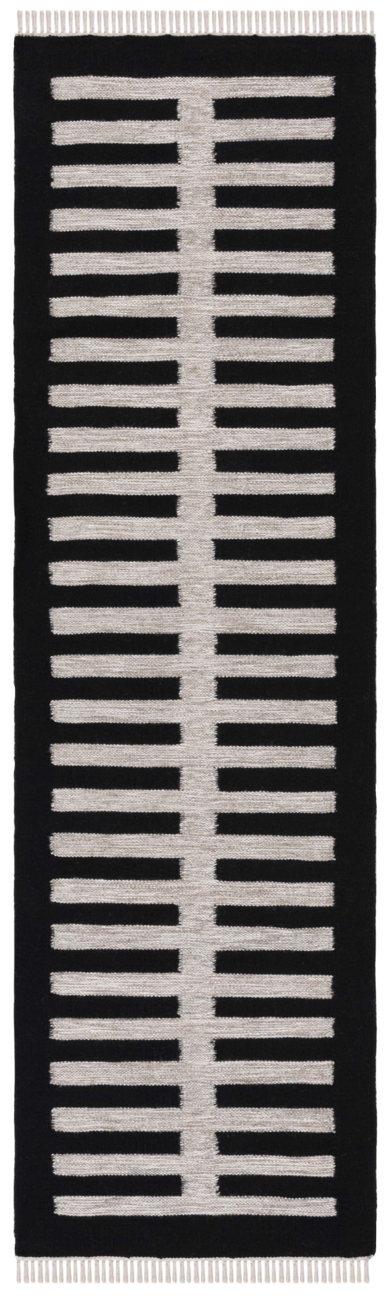 Beige and Black Flat Weave Wool Striped Runner Rug