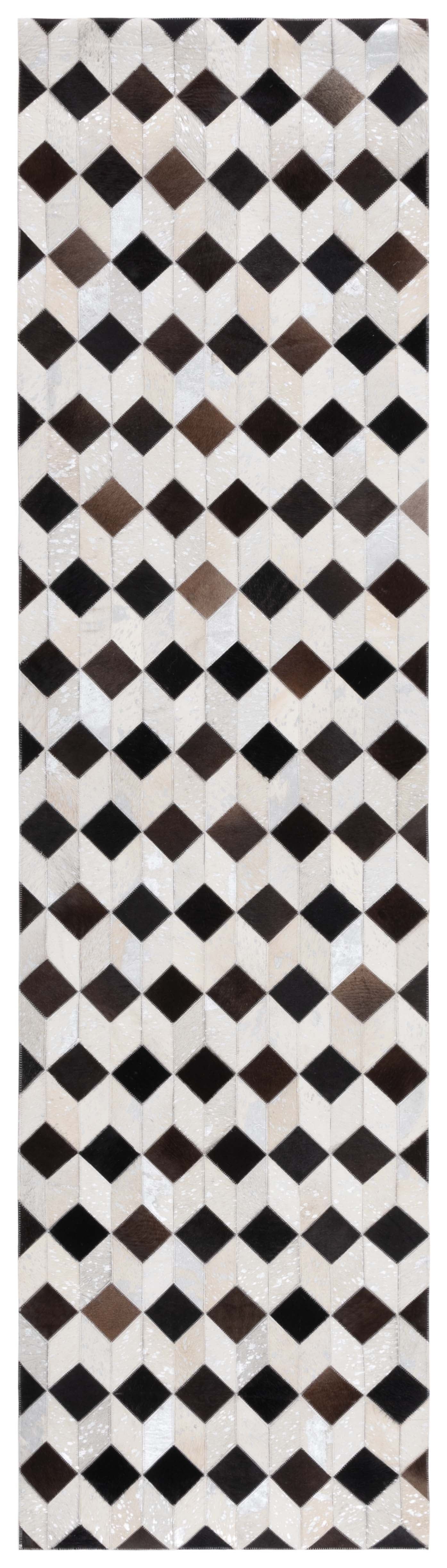 Handmade Black and Beige Geometric Wool Cowhide Runner Rug