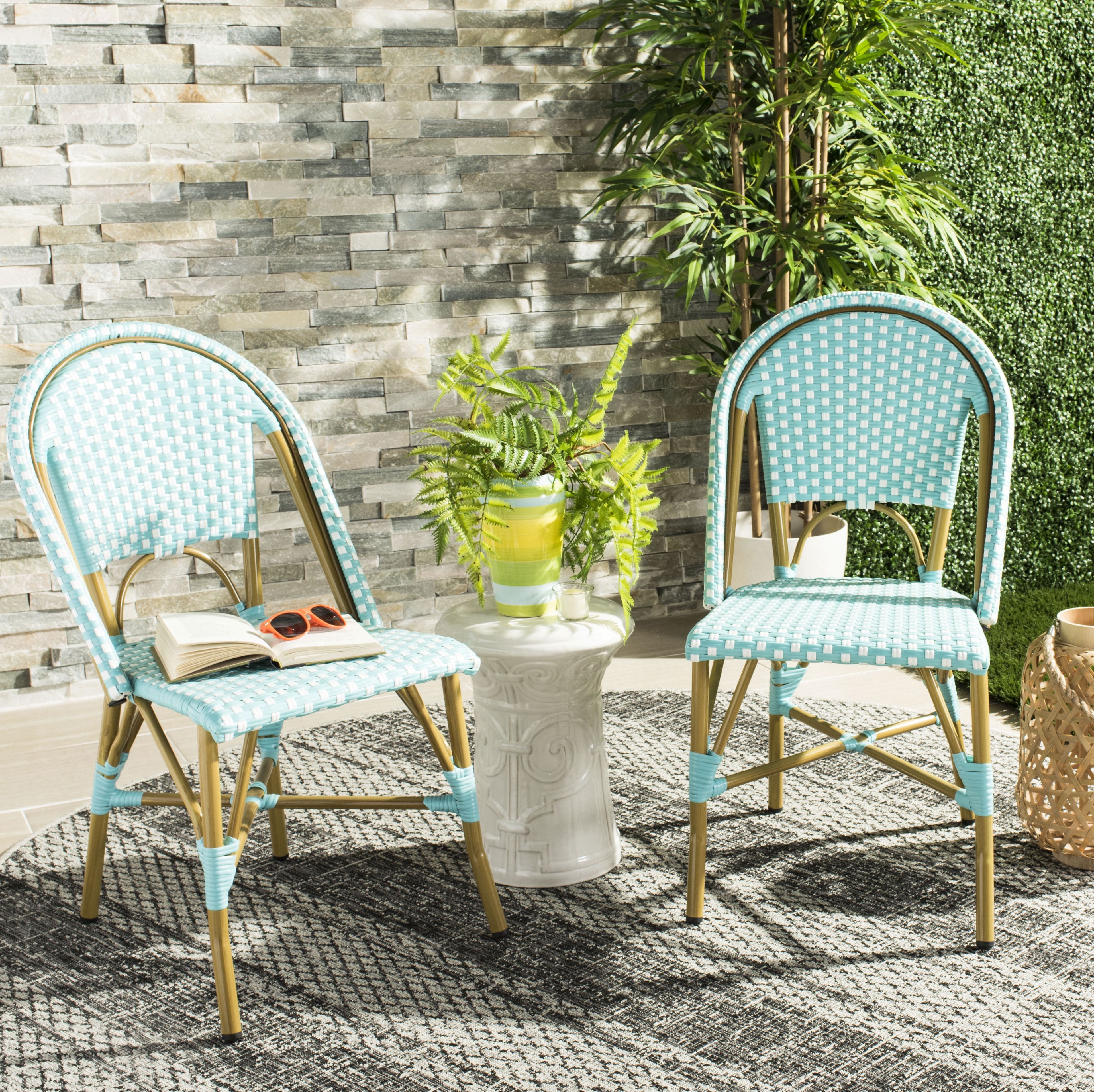 Teal and Light Brown Transitional Side Chair in Faux Bamboo and Wicker