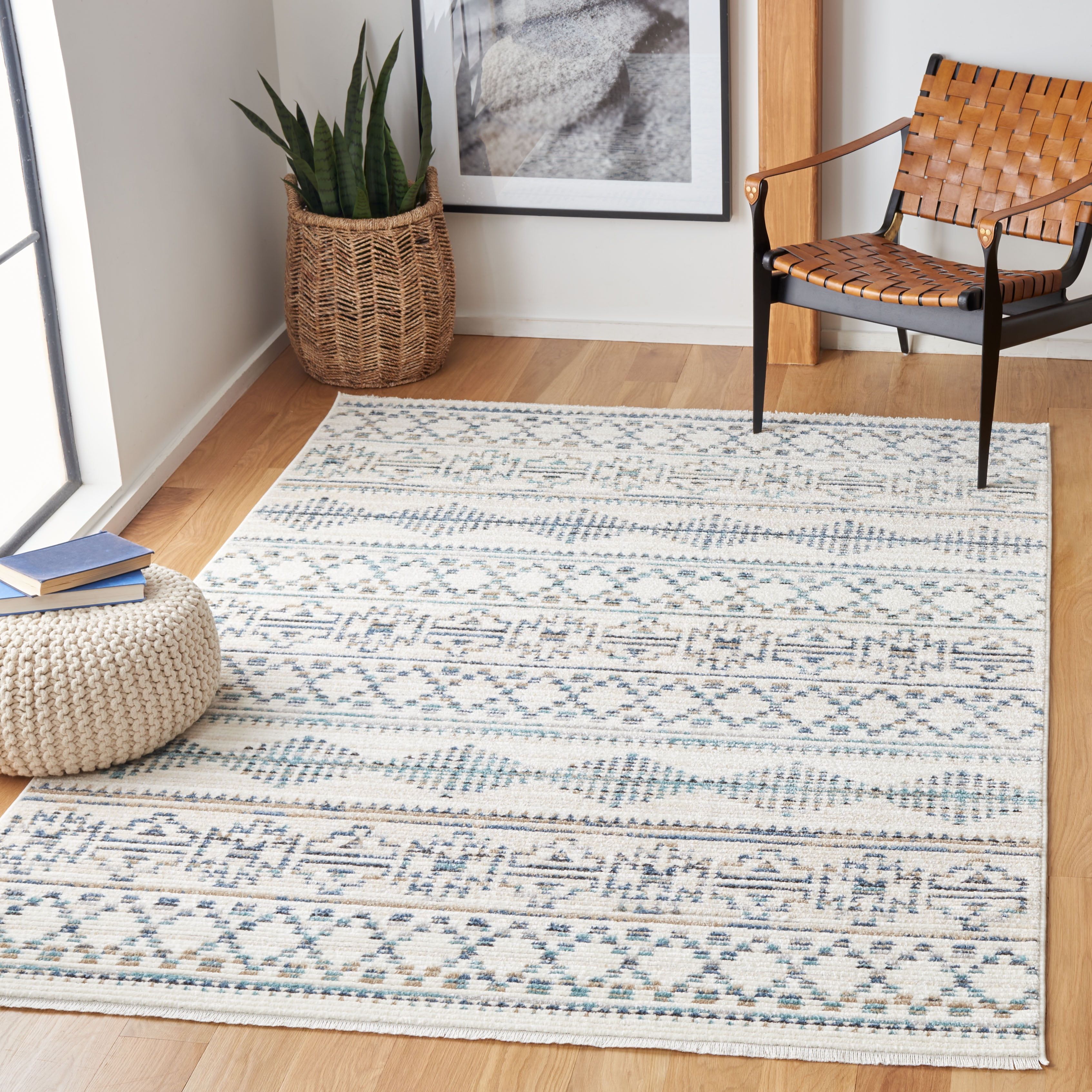 Ivory and Blue Southwestern Geometric Synthetic Area Rug, 6' x 6'