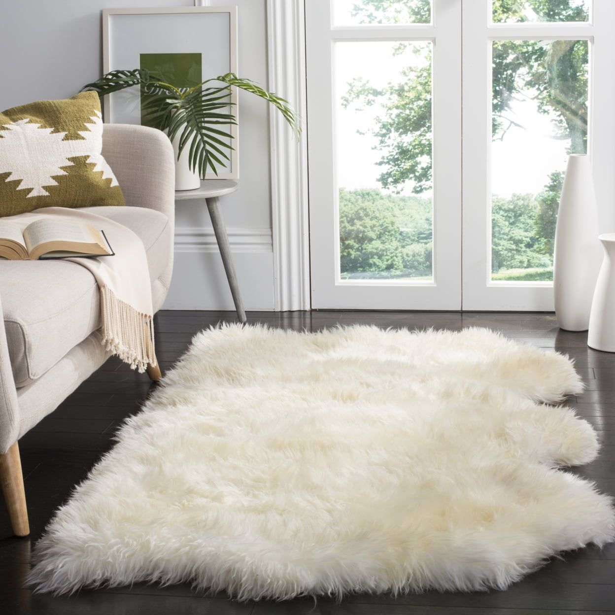 Handmade White Sheepskin Fur Shag Rug, 4' x 6'