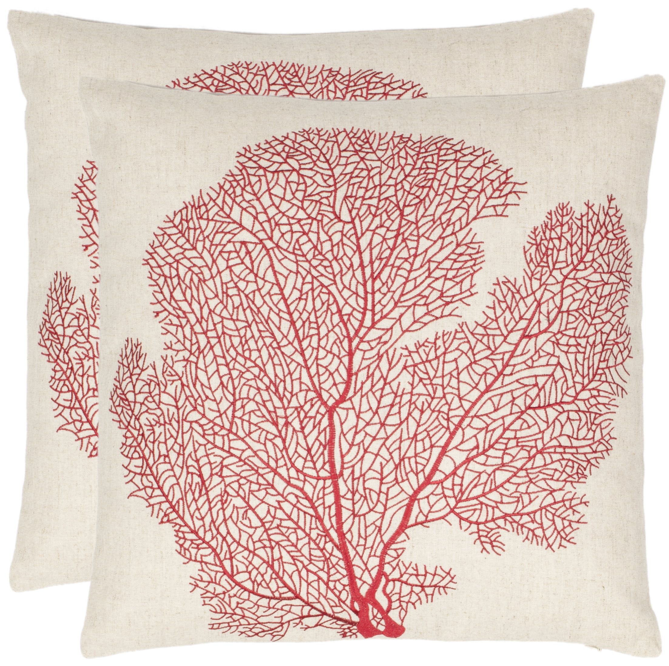 Beach Red Embroidered Linen-Cotton Square Throw Pillows, Set of 2