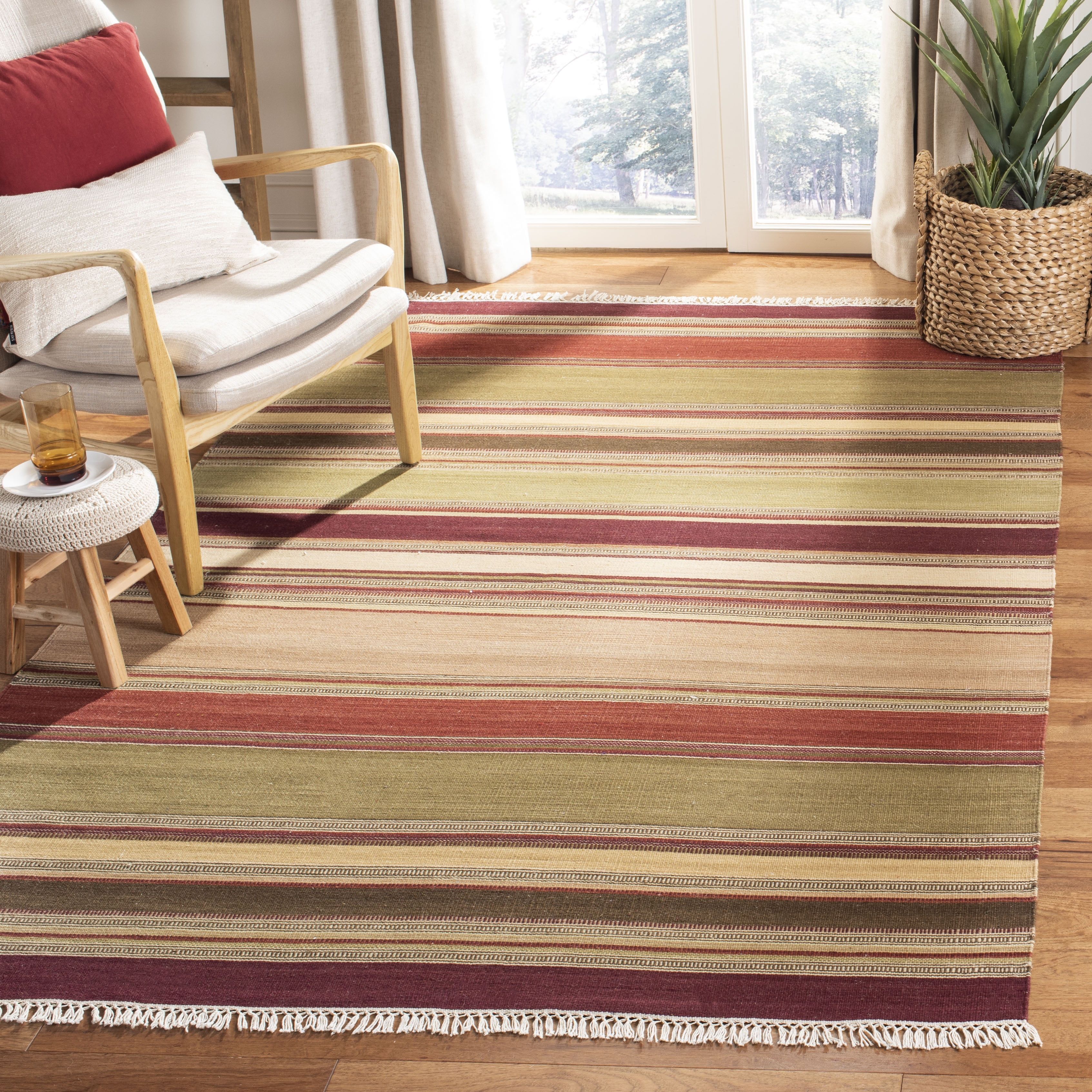 Handmade Red and Multicolor Stripe Wool Cotton 9' x 12' Rug